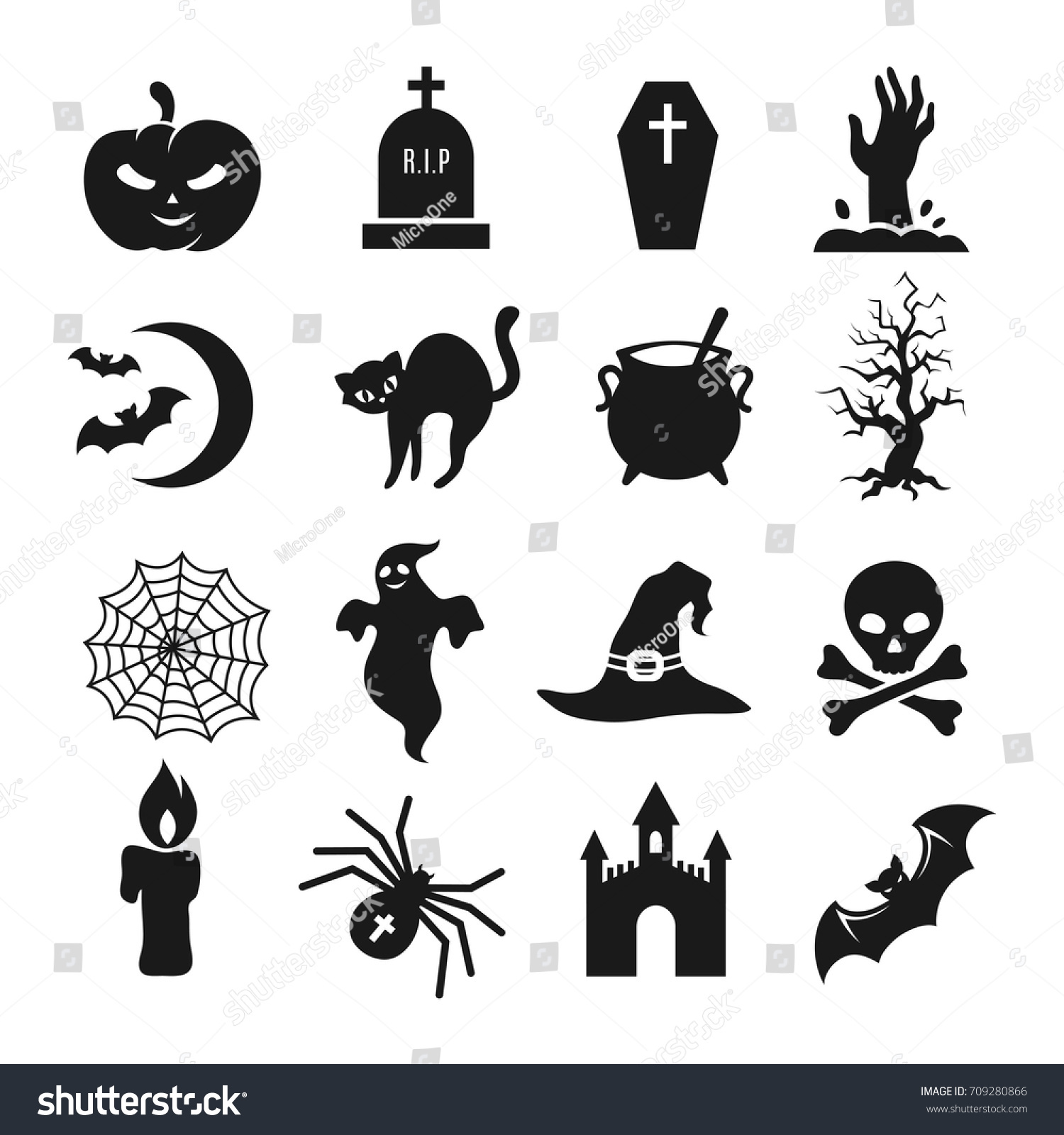 Halloween Black Silhouette Icons Pumpkin Spider Stock Vector (Royalty ...