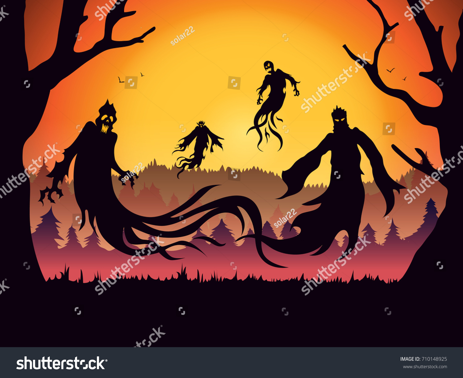 Silhouette Evil Spirit Flying On Forest Stock Vector Royalty Free