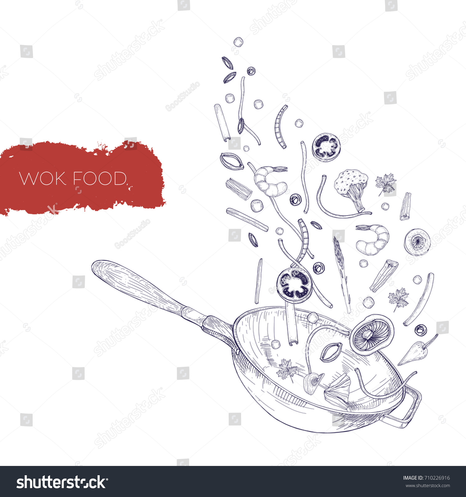 Monochrome Realistic Drawing Wok Pan Vegetables Stock Vector (Royalty ...