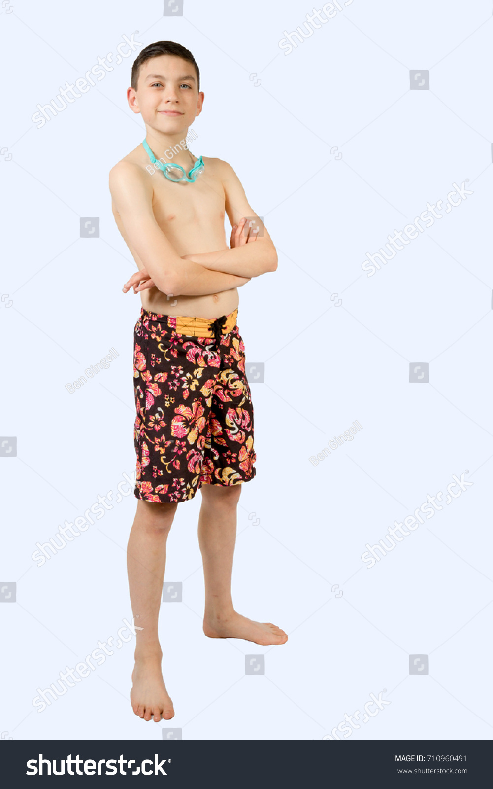 Young Teenage Caucasian Boy Wearing Swimwear Stock Photo 710960491 ...