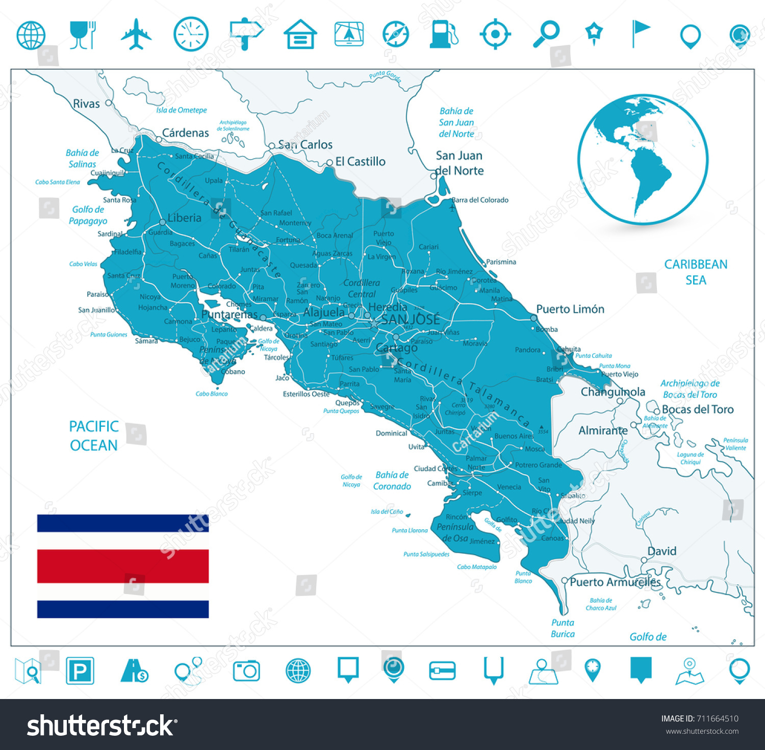 Costa Rica Map Navigation Icons Detailed Stock Vector (Royalty Free ...