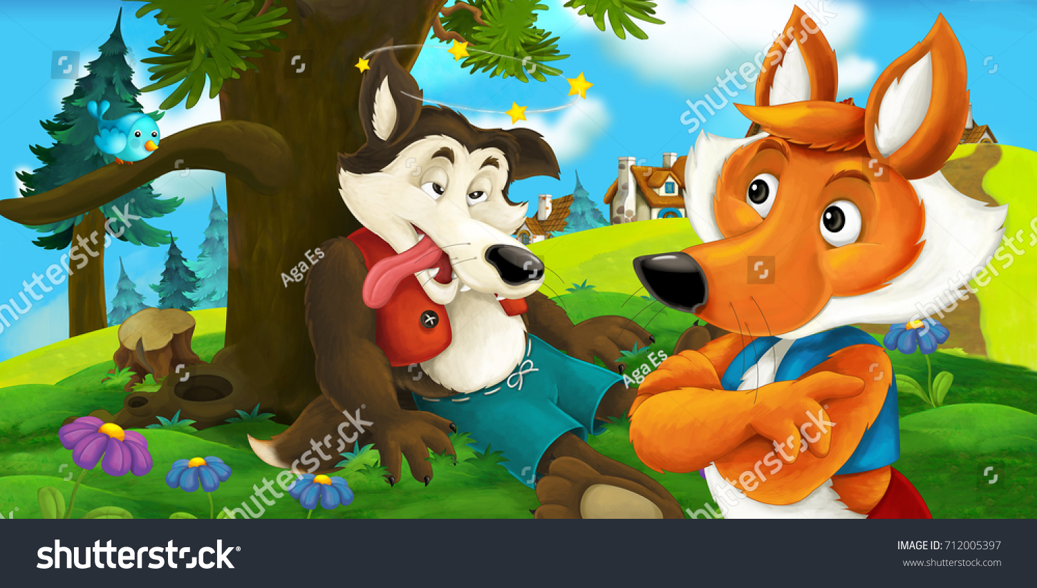 Cartoon Scene Happy Fox Looking Sick Stock Illustration 712005397 