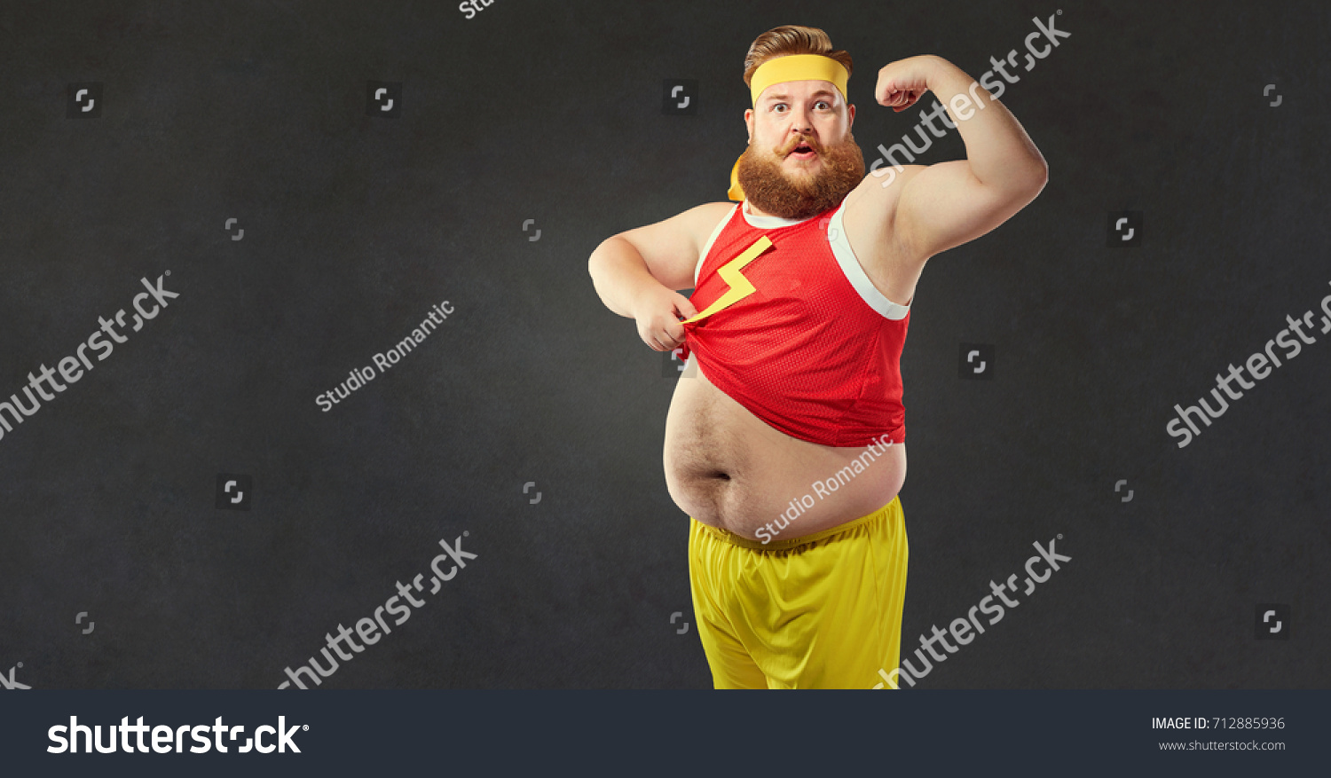 Стоковая фотография 712885936: Funny Fat Man Big Belly Shows Shutterstock.