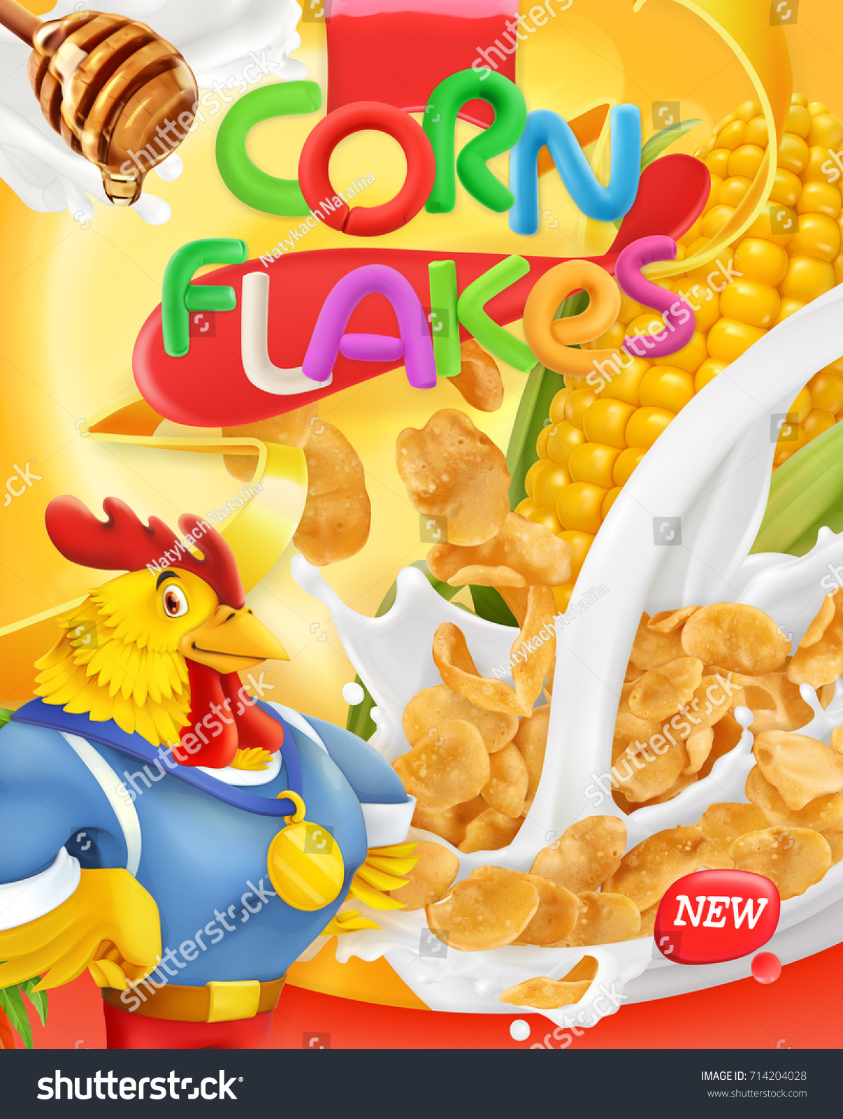 Corn Flakes Rooster Mascot Honey Milk เวกเตอร์สต็อก (ปลอดค่าลิขสิทธิ์