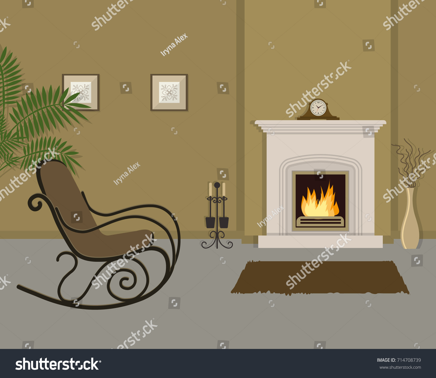 Мультяшная комната с камином и креслом