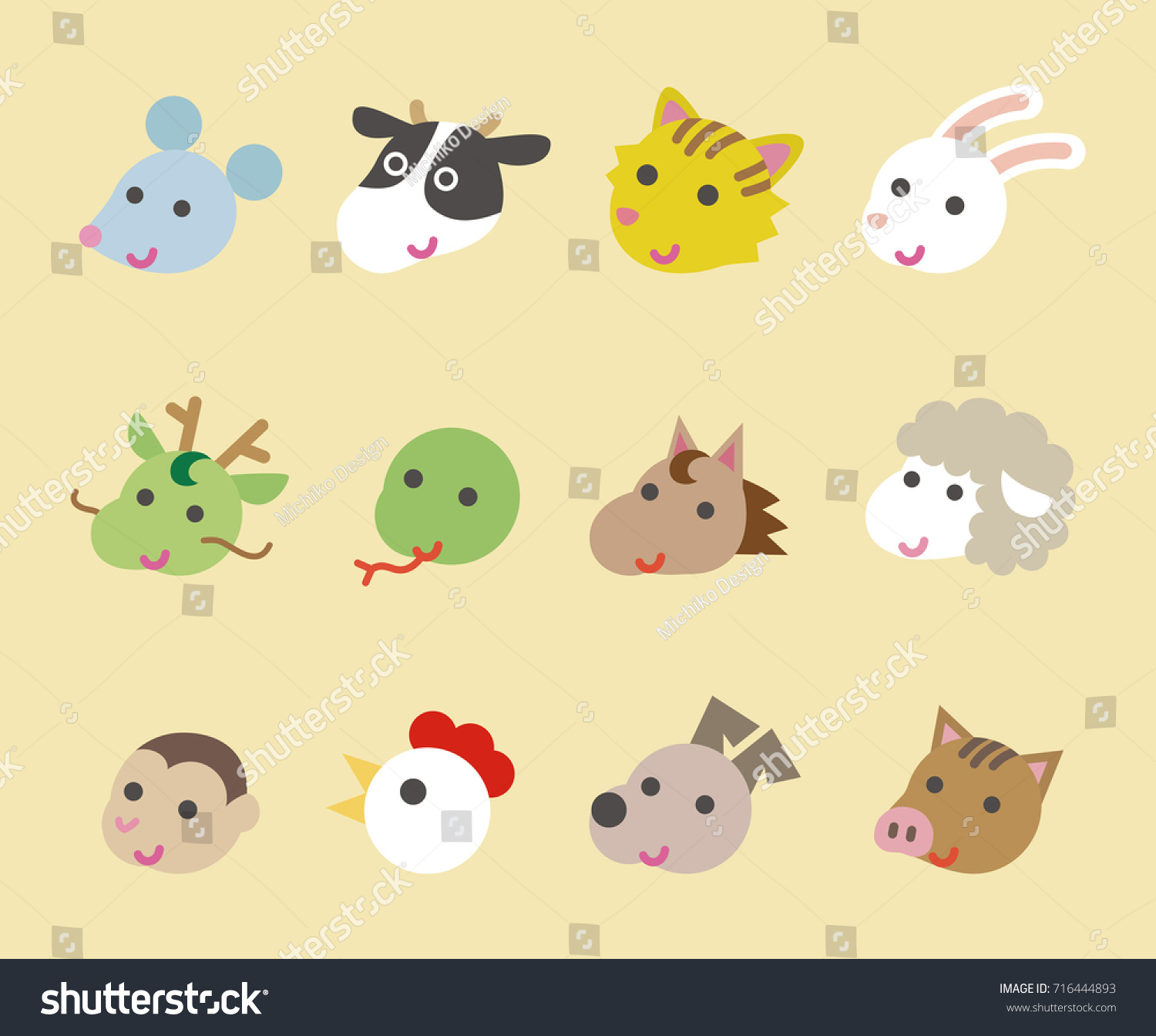 Twelve Chinese Zodiac Animals Stock Vector (Royalty Free) 716444893 ...