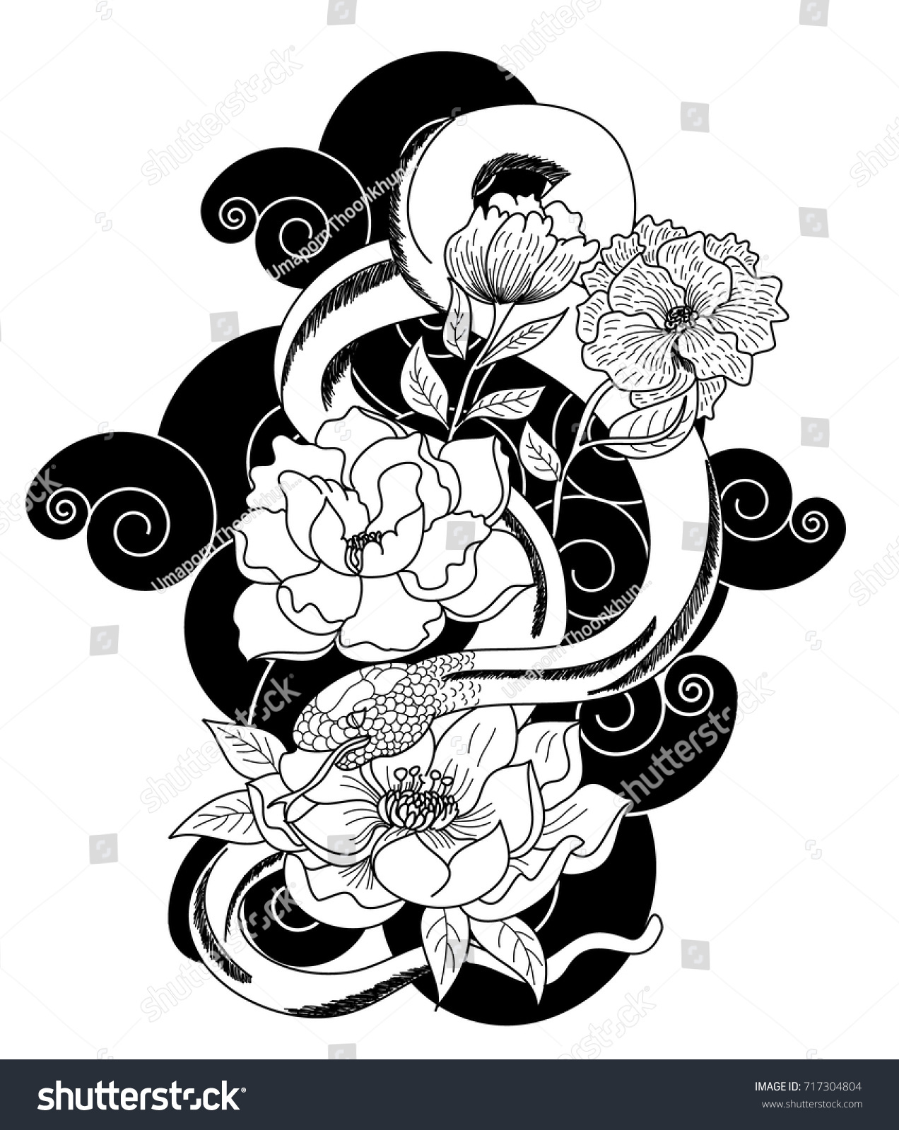 Black White Japanese Snake Peony Flower Stock Vector (Royalty Free ...