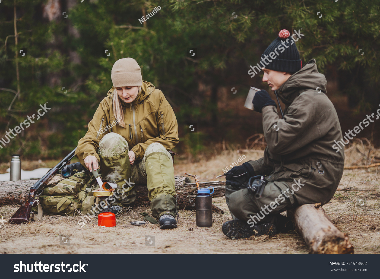 Two Hunters Eating Together Forest Bushcraft Stock Photo 721943962 ...