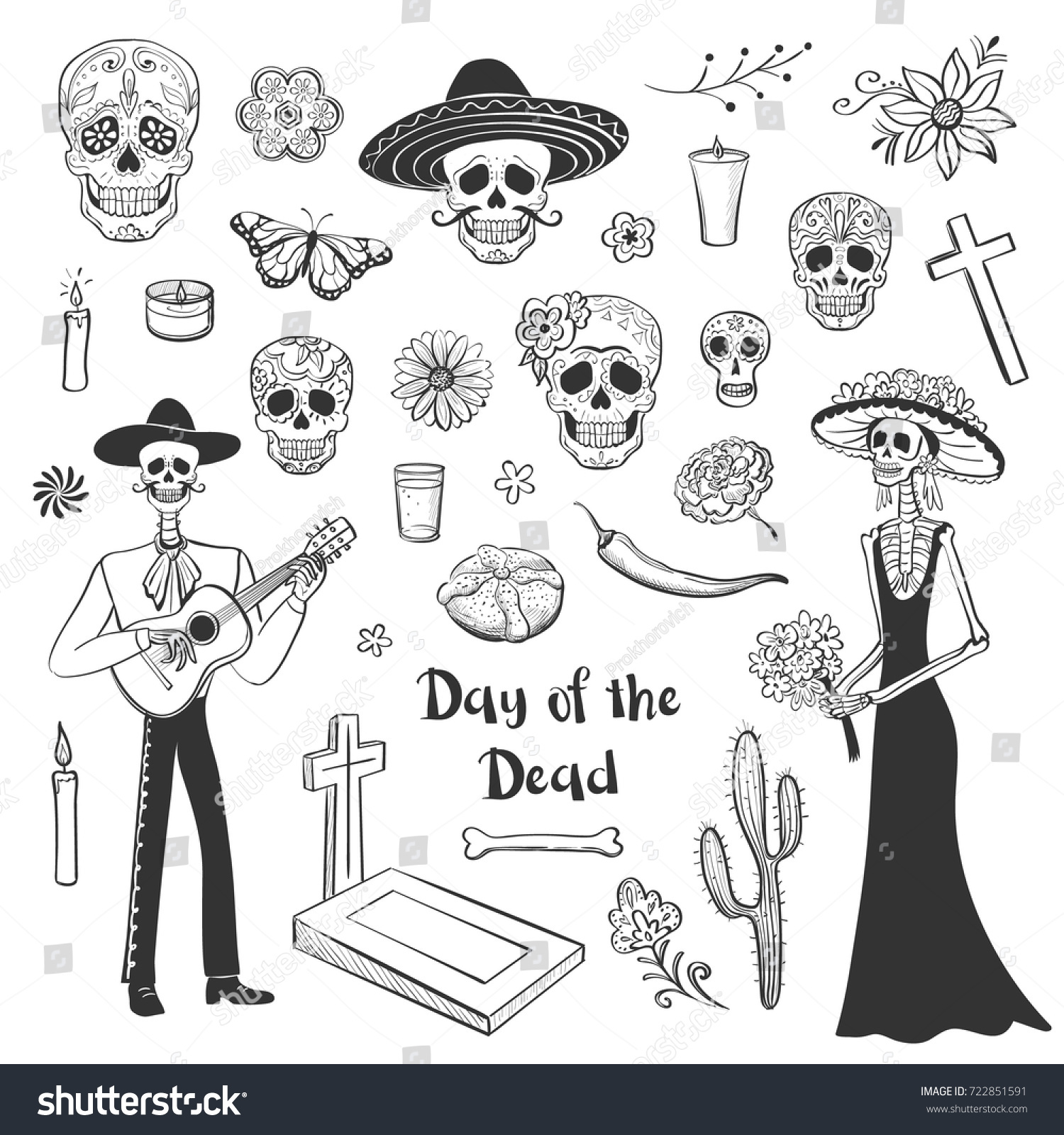 Collection Sketches Day Dead Attributes Mexican Stock Vector (Royalty ...