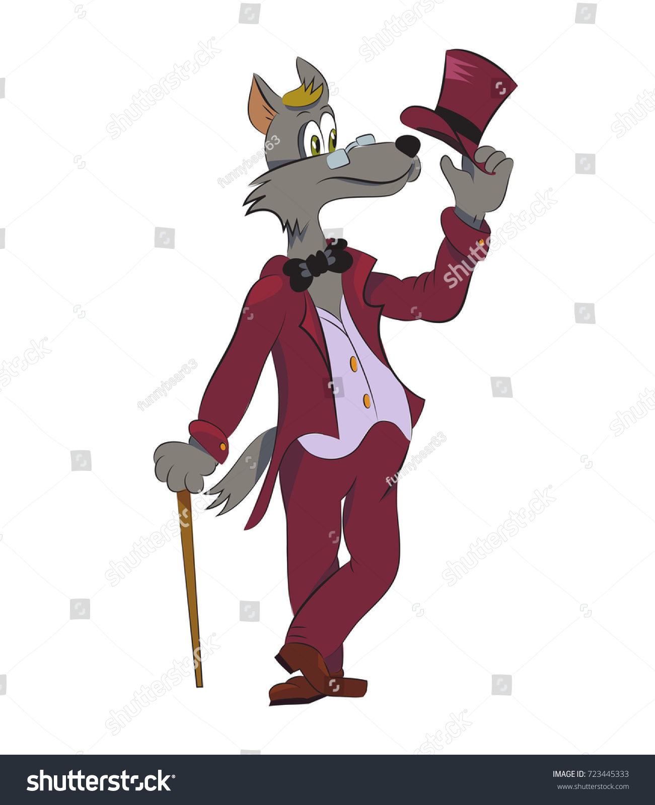 Vektor Stok Funny Wolf Gentleman Wearing Suit Cartoon Tanpa Royalti