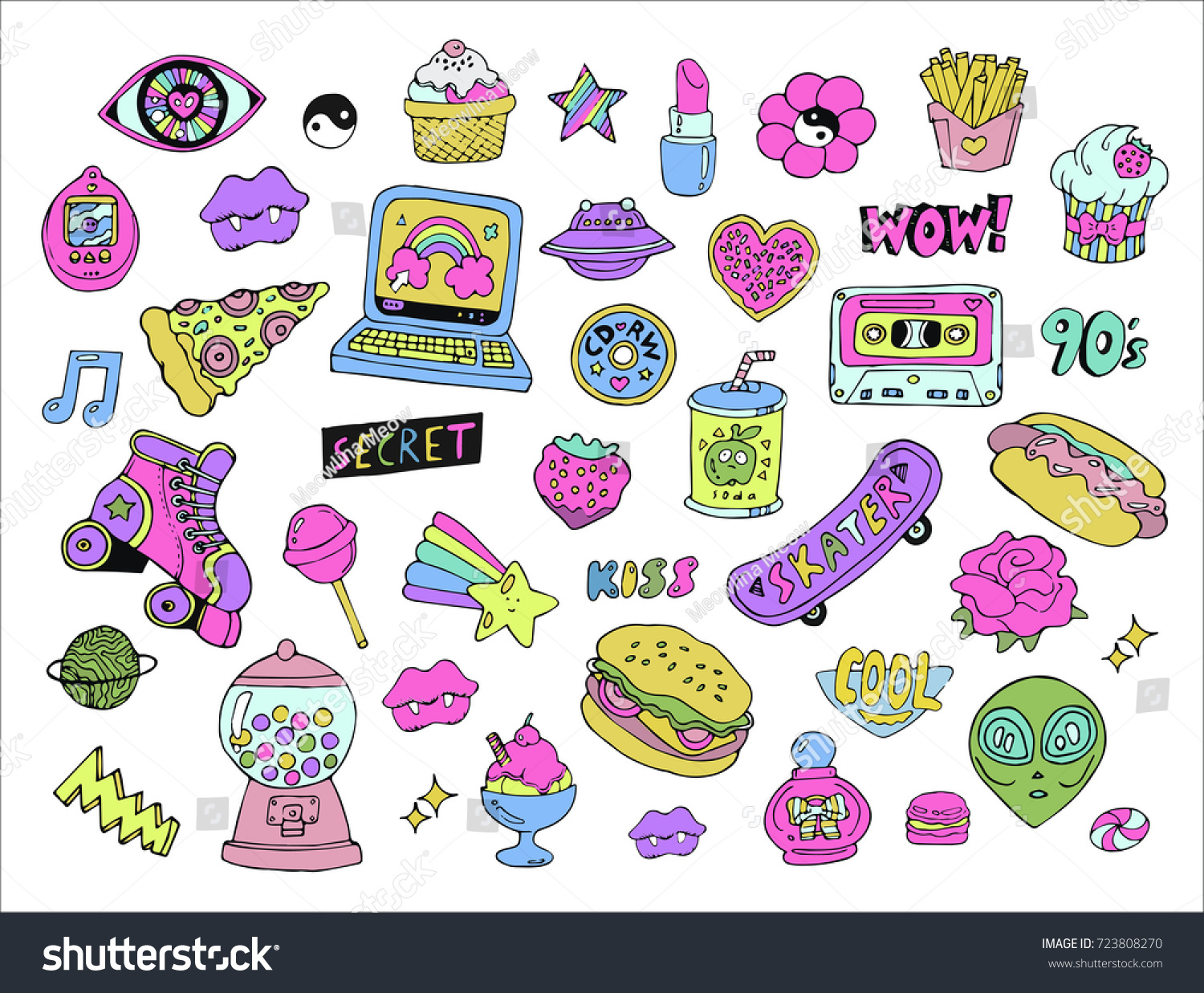 Cartoon Patchesstickers Doodle Icons Set Hand Stock Vector (Royalty ...