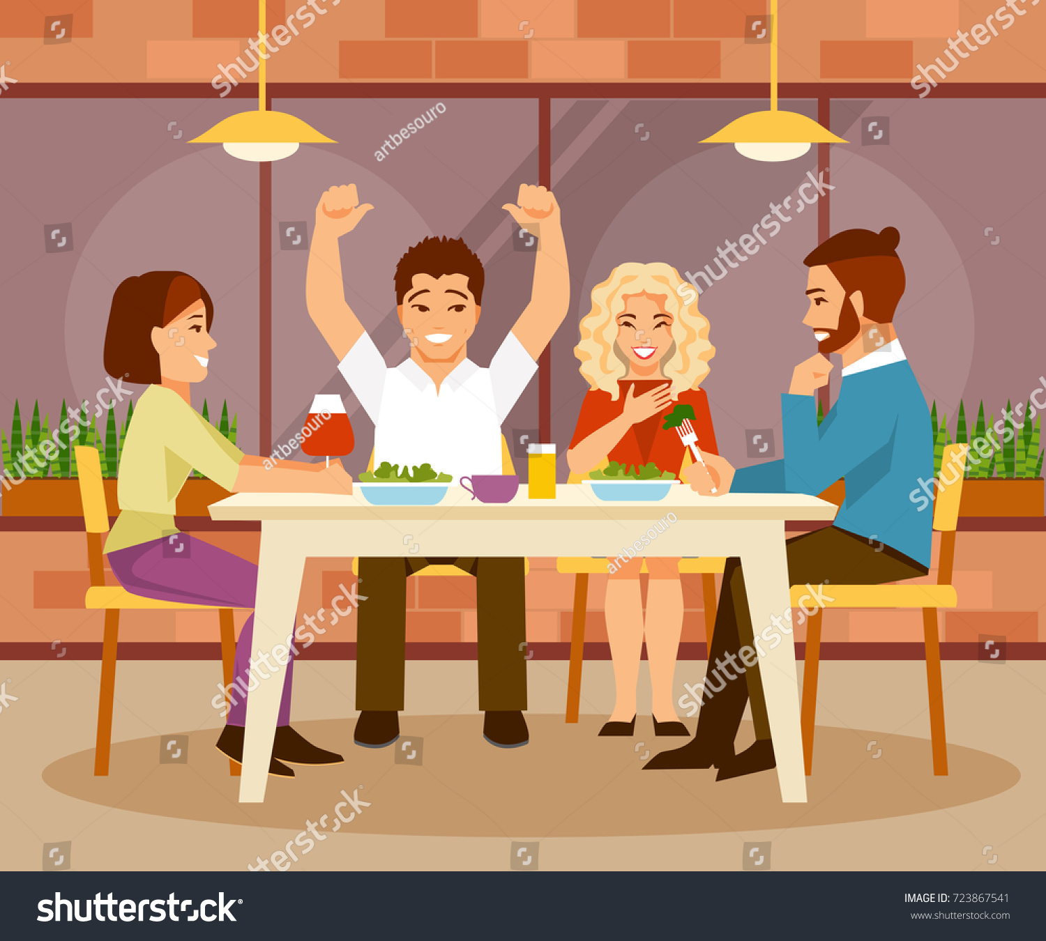 Cheerful Group Friends Sitting Cafe Friendship Stock Vector (Royalty ...