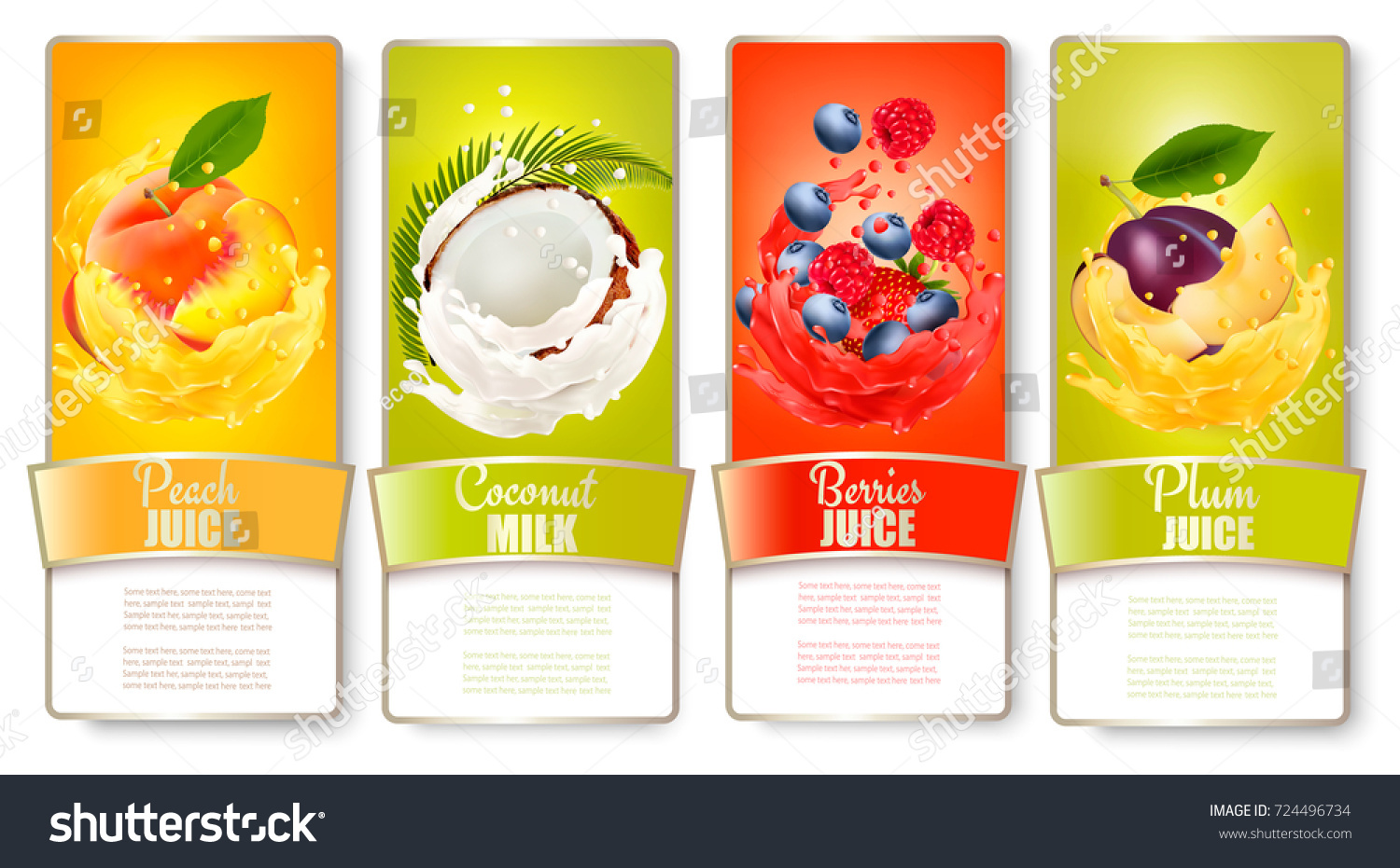 Set Labels Fruit Juice Splashes Peach Stock Vector Royalty Free