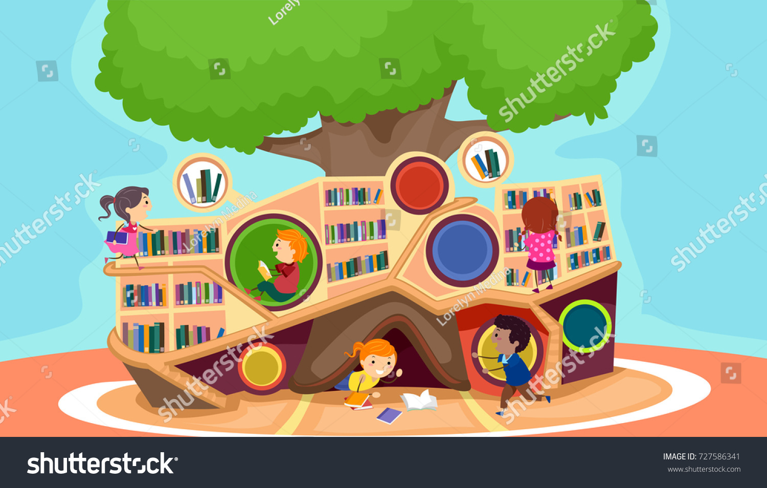 Illustration Stickman Kids Cute Modern Library Stock Vector (royalty 