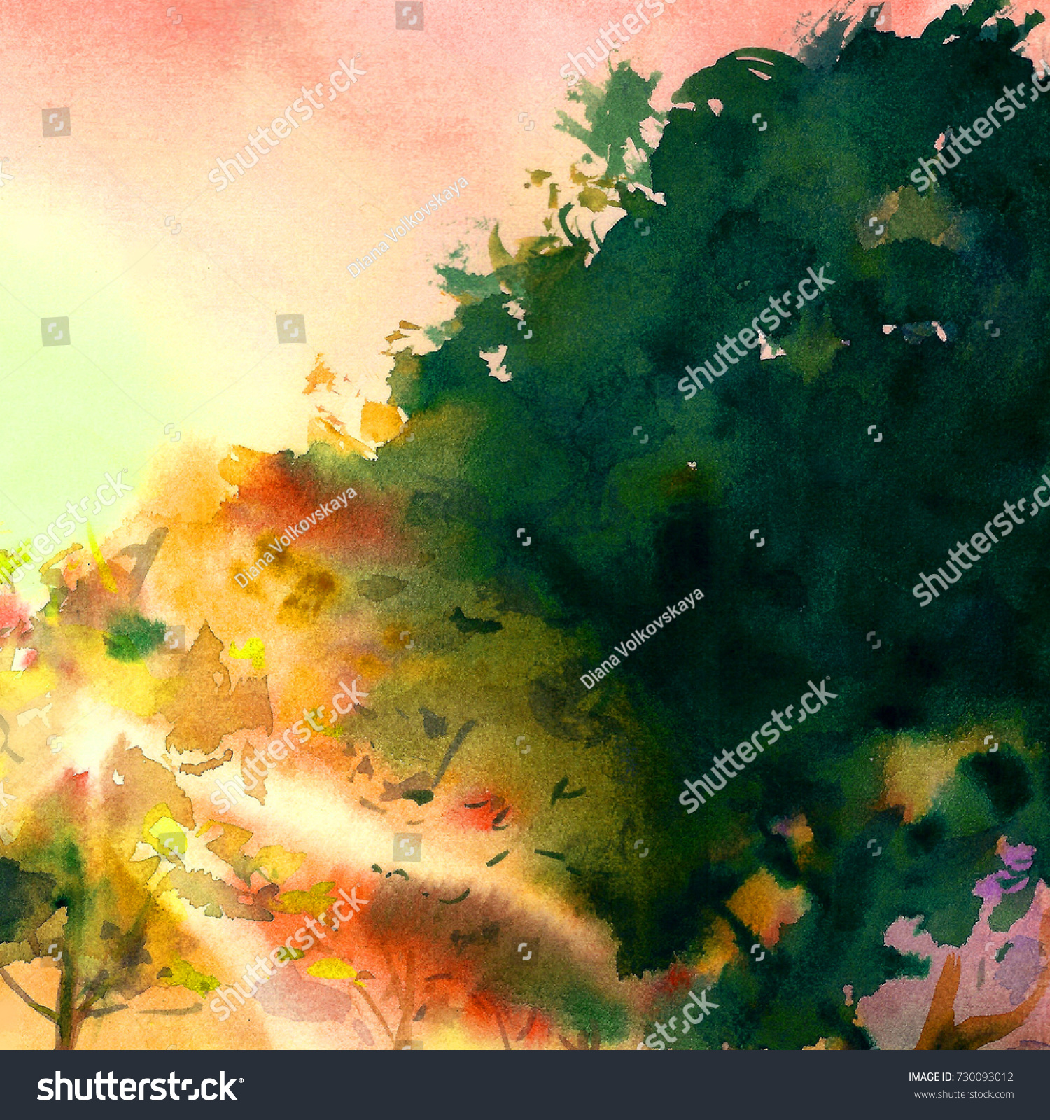 Sunset Trees Landscape Watercolor Painting Hand Stock Illustration ...