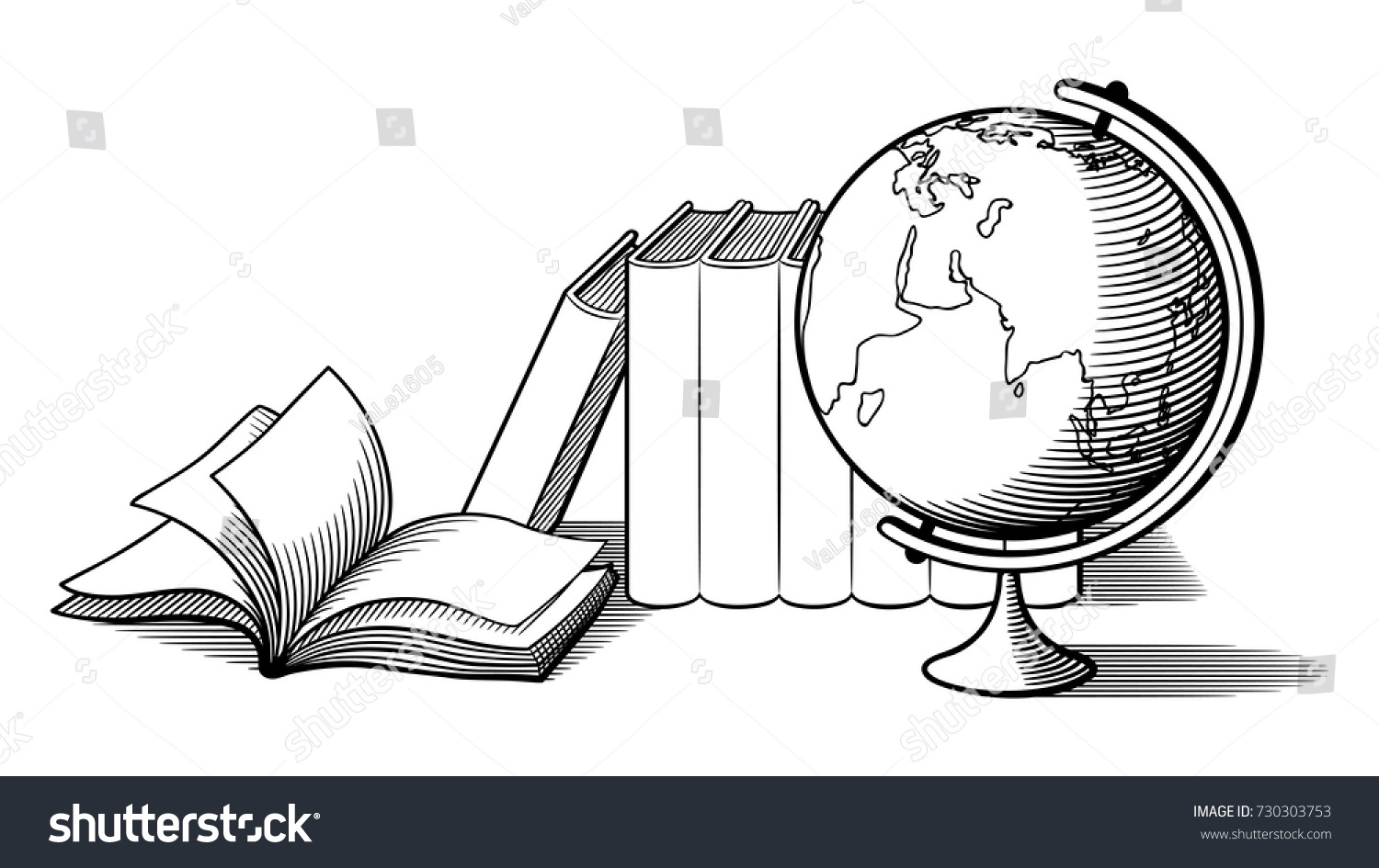 Глобус и книги черно белые