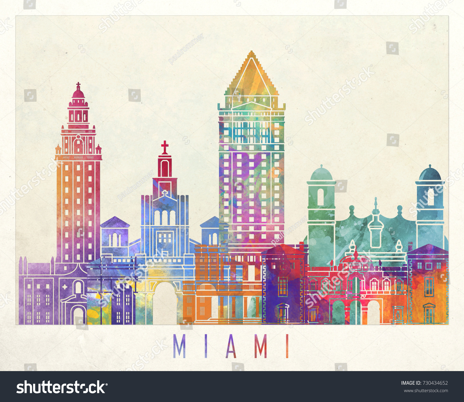 Miami Landmarks Watercolor Poster Stock Illustration 730434652 ...