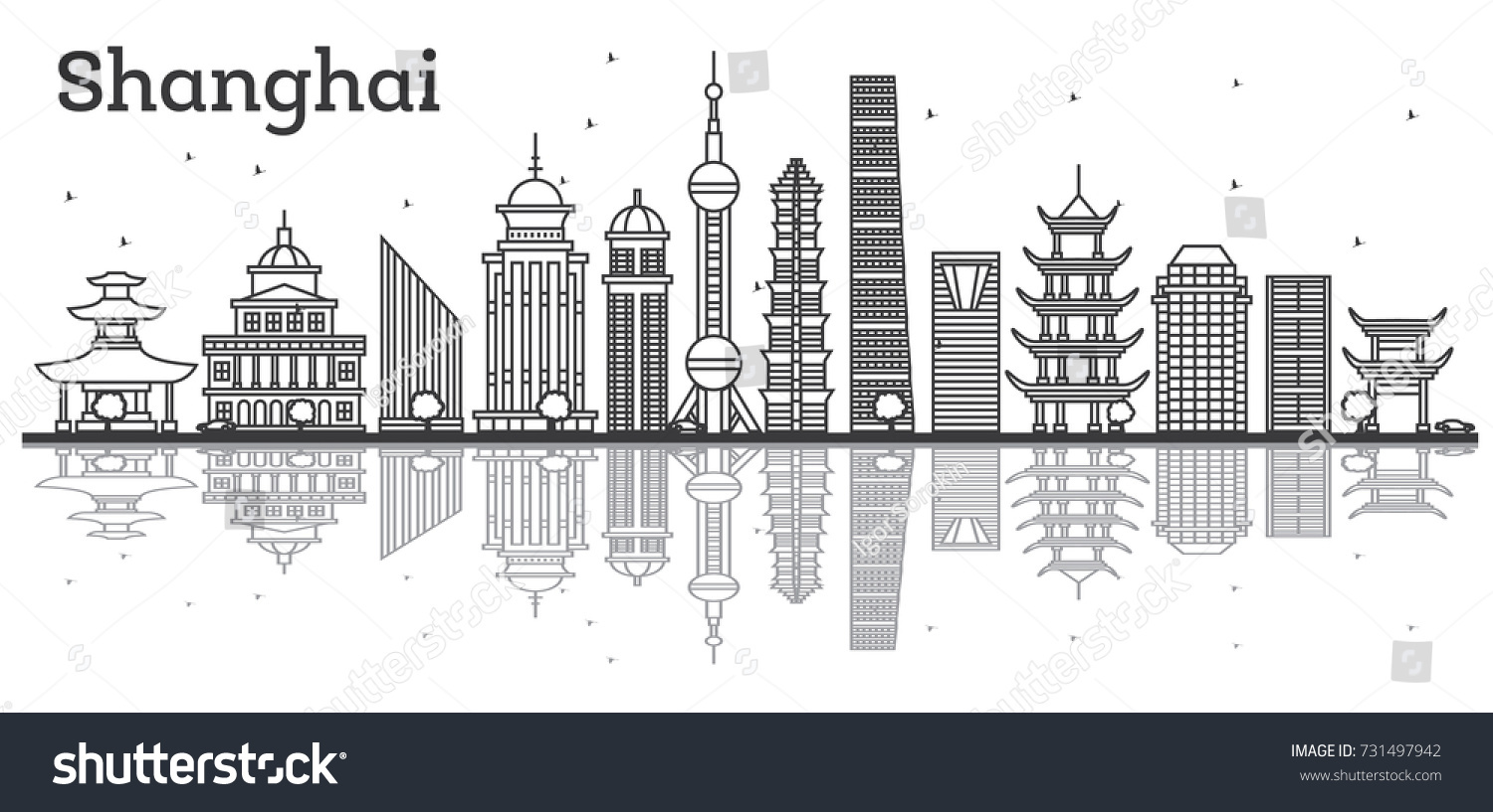 Outline Shanghai Skyline Modern Buildings Reflections Stock Vector ...