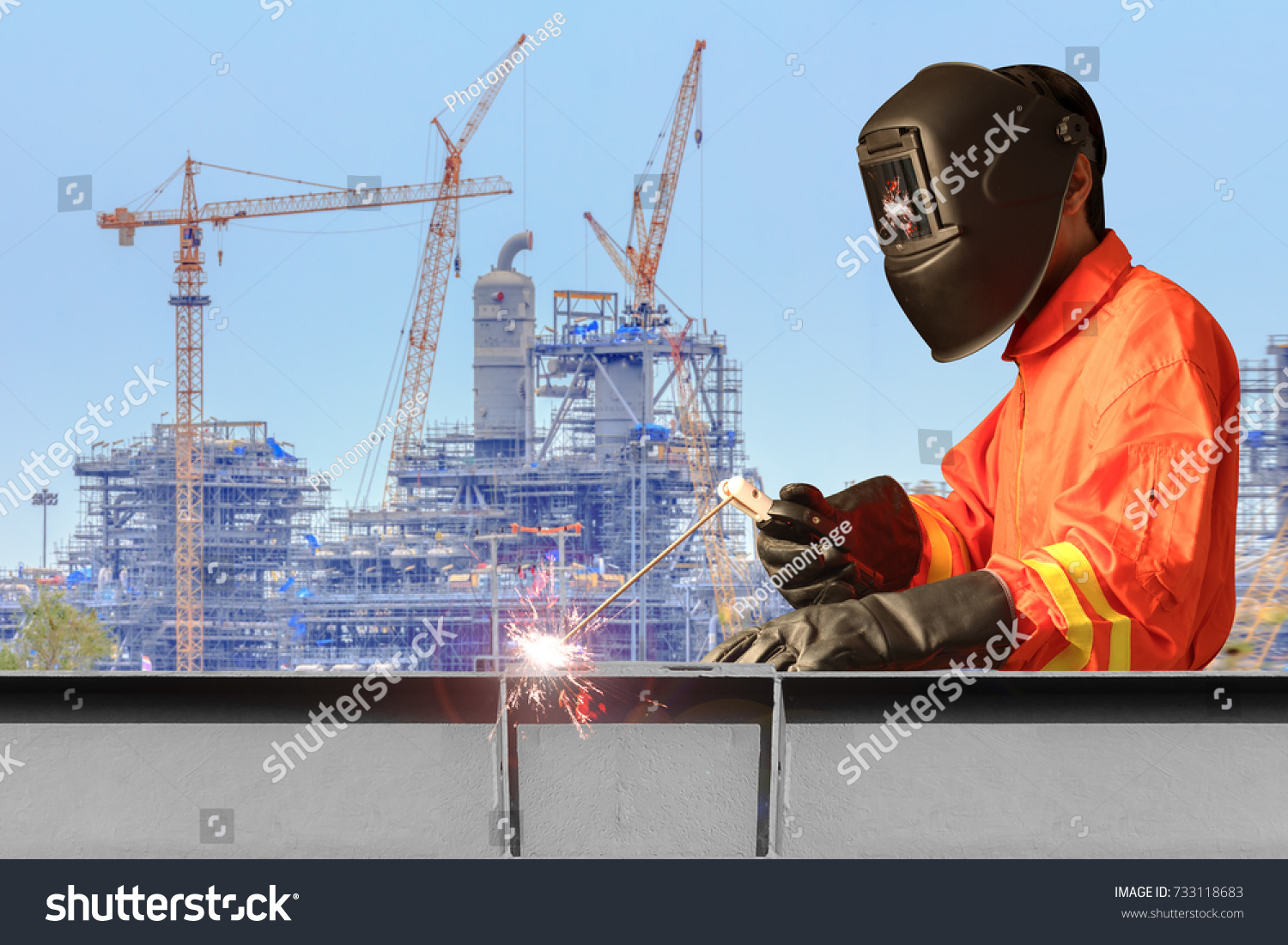 Industrial Welder Welding Steel Structure Construction Stock Photo ...