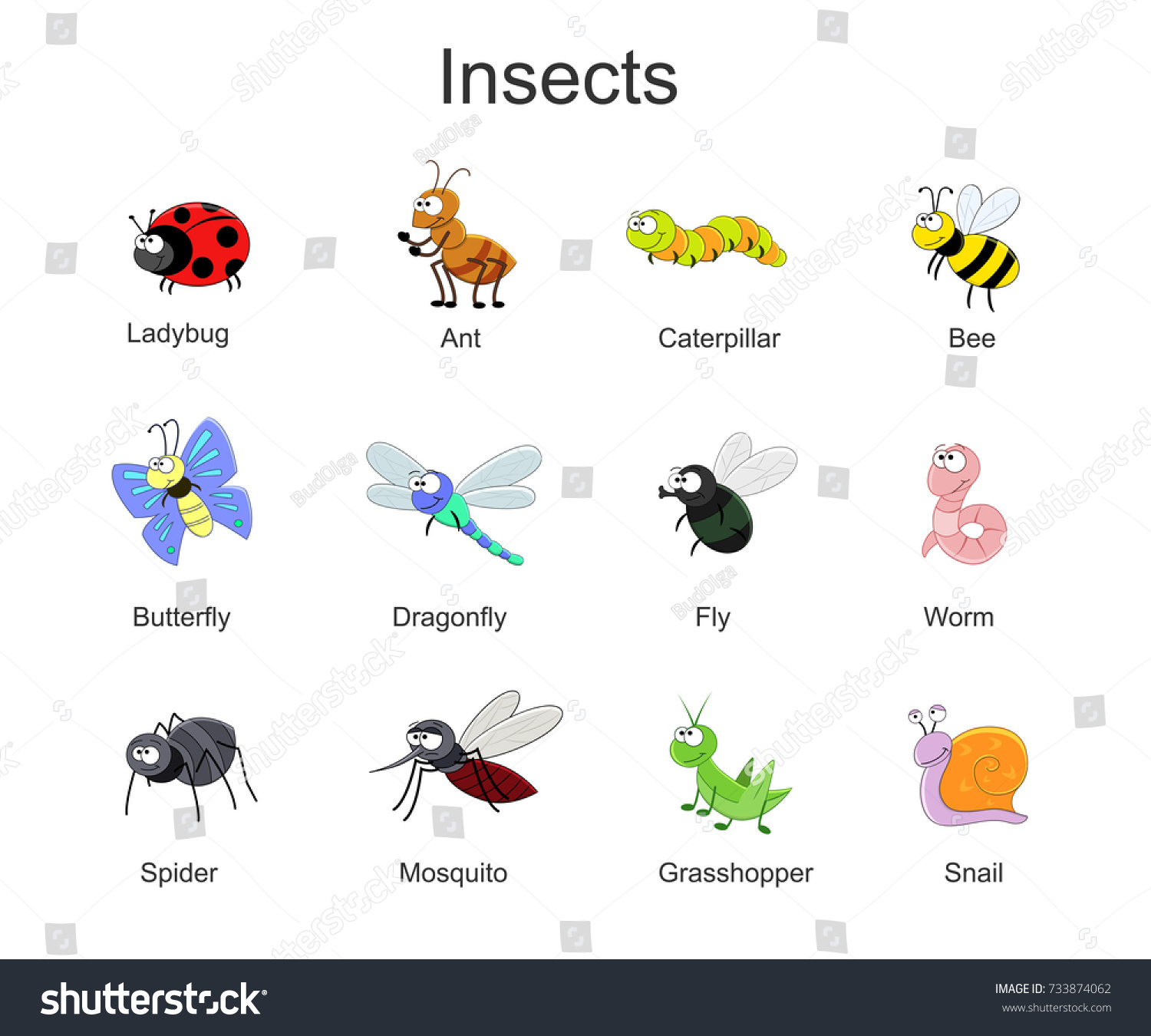 Big Set Cute Cartoon Insects Vector Stock Vector (Royalty Free ...