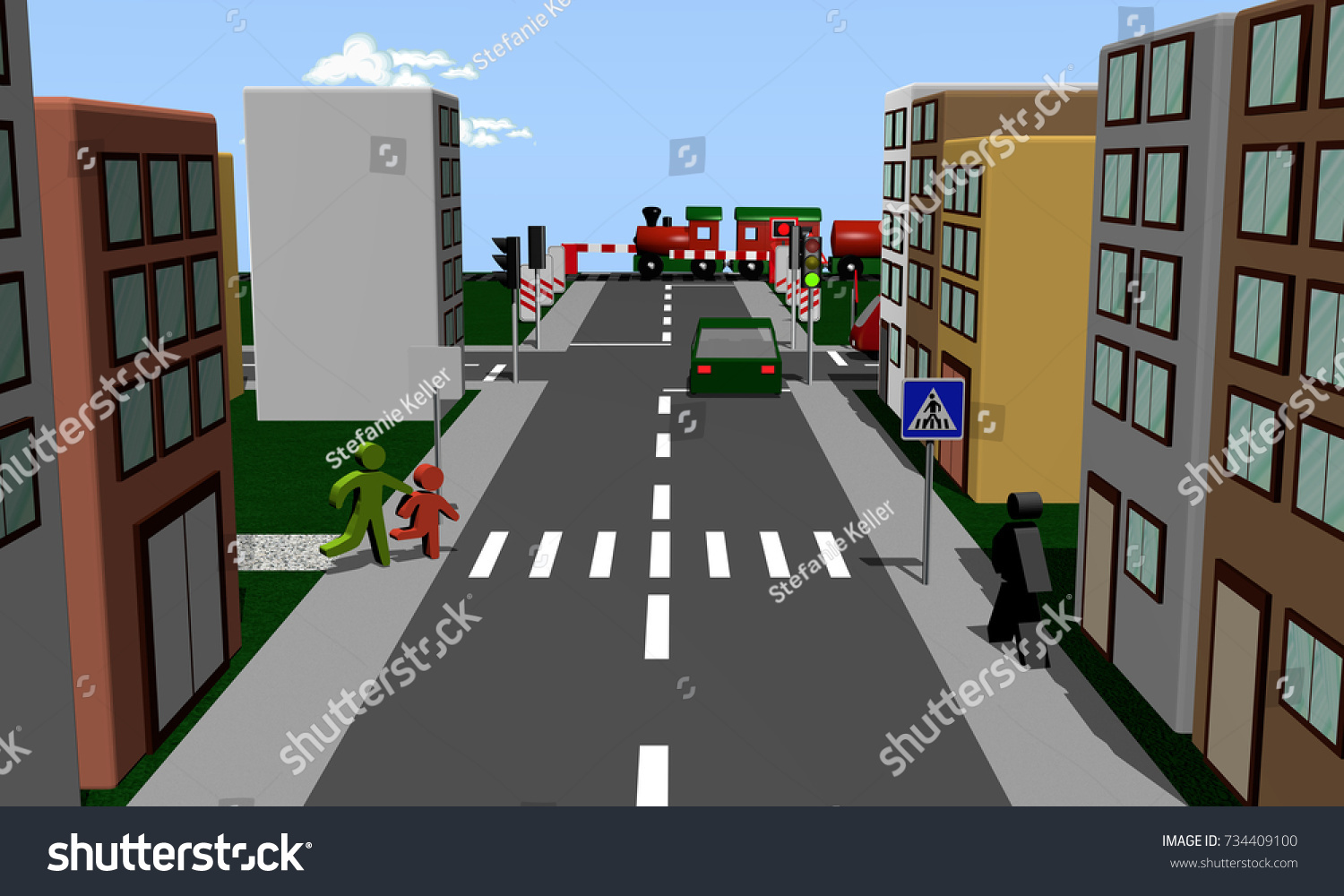 Neighborhood Pedestrians Cars Houses Traffic Signs Stock Illustration ...