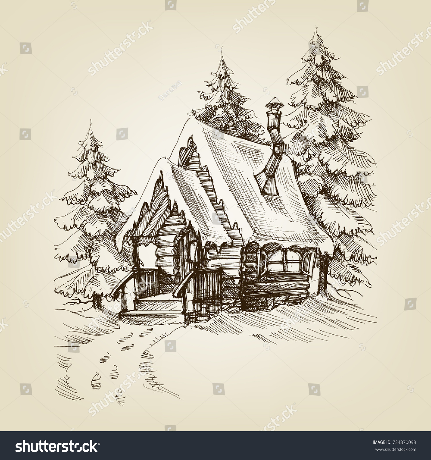 Winter Cabin Exterior Pine Trees Forest Stock Vector (Royalty Free ...