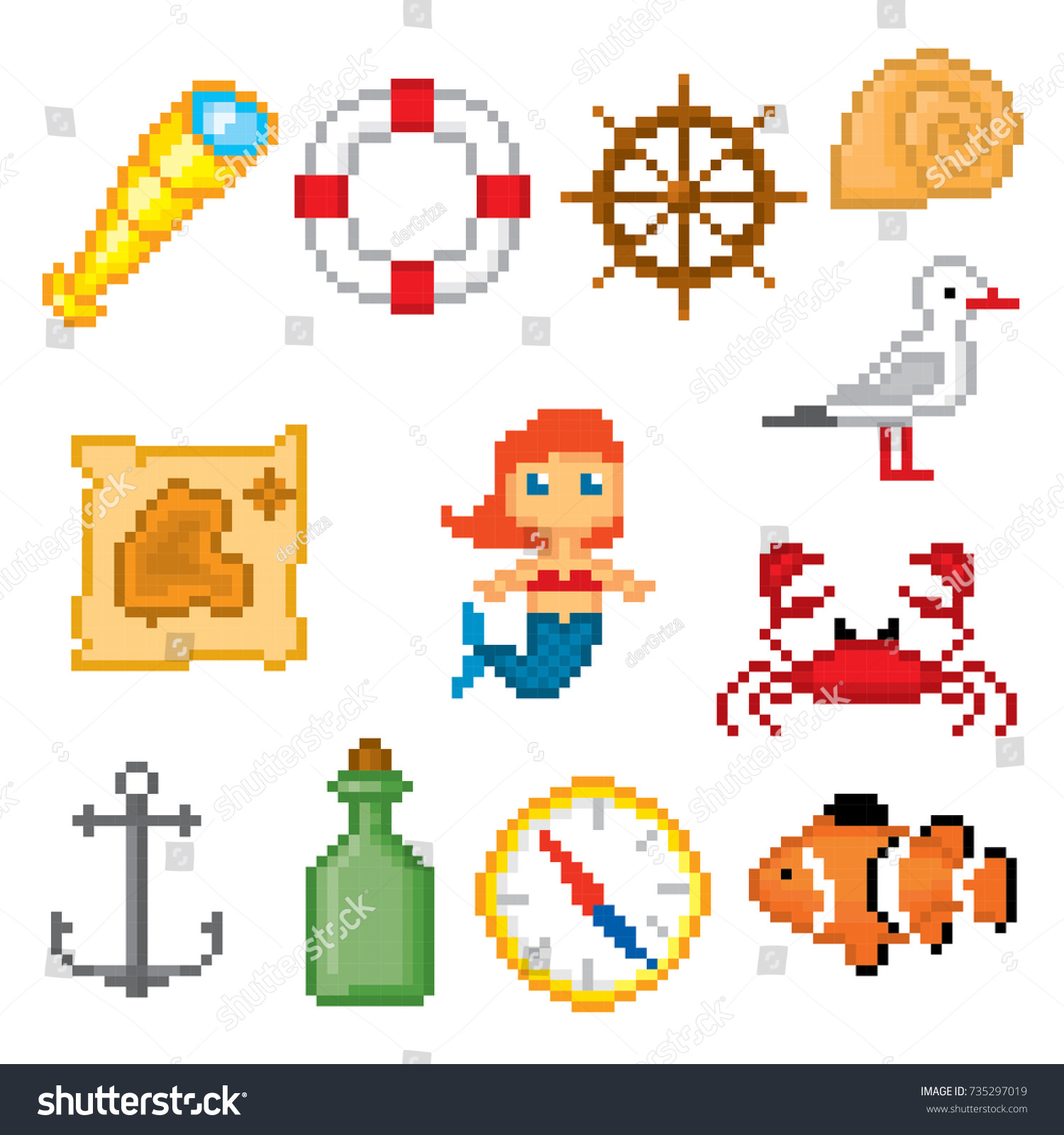 Nautical Icons Set Pixel Art Old Stock Vector (Royalty Free) 735297019 ...