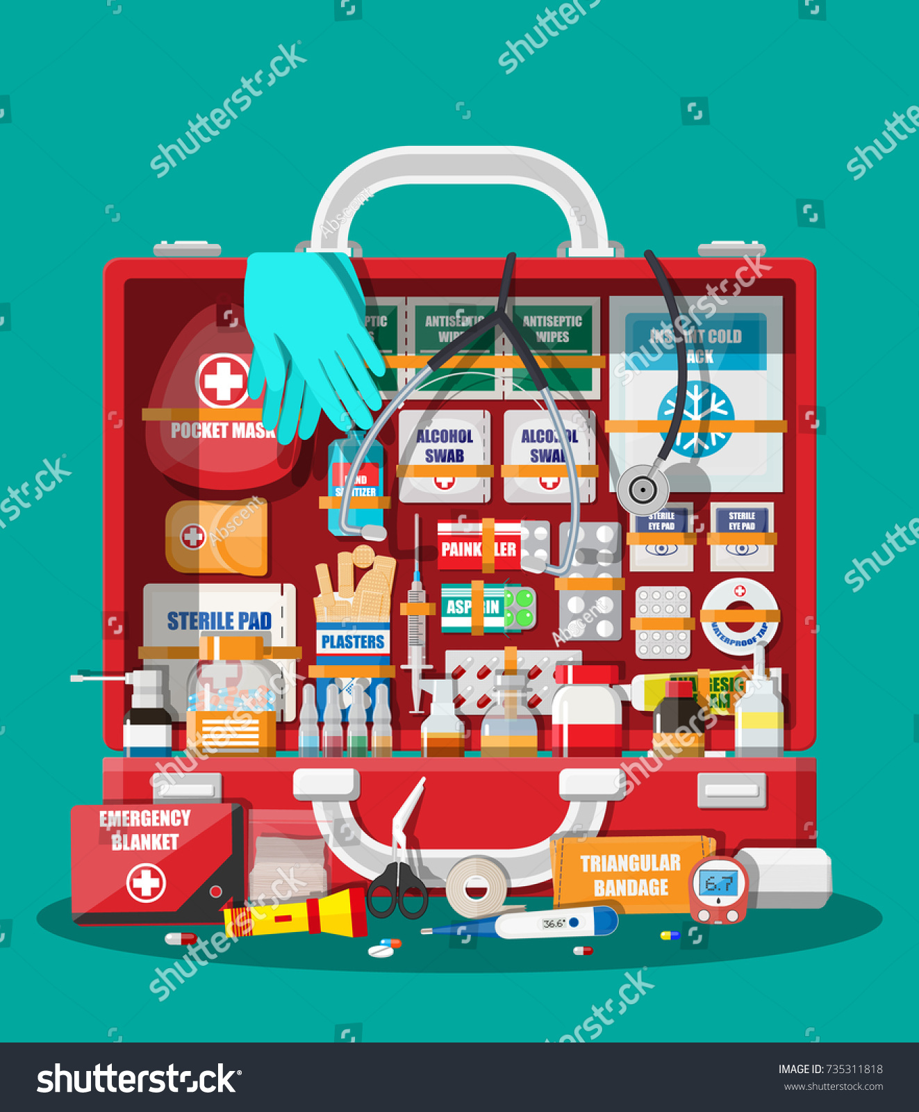 First Aid Kit Medical Equipment Medications Stock Vector (Royalty Free ...