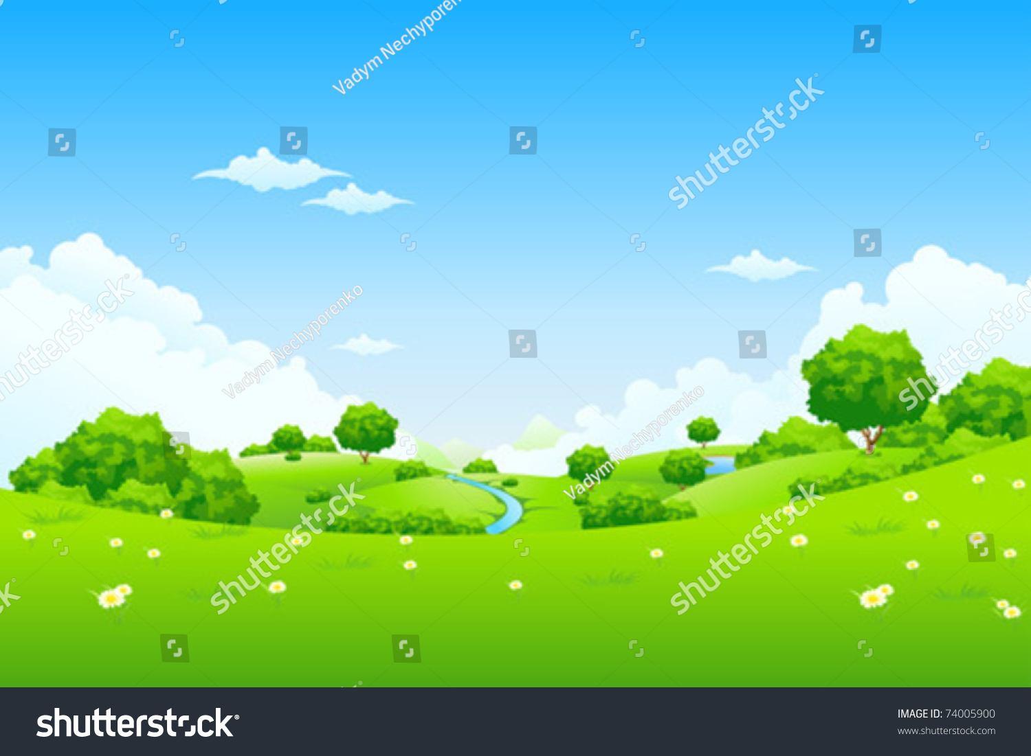 Grass Landscape Sky Trees Clouds Flowers Stock Vector (Royalty Free ...