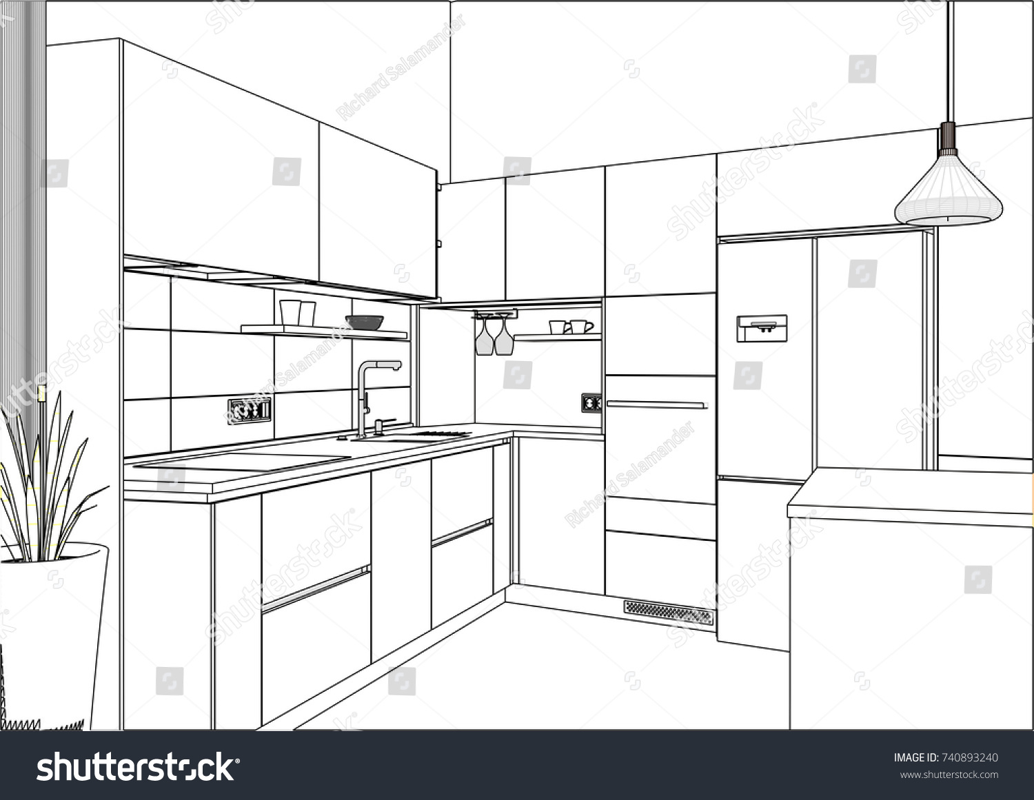 3d Vector Sketch Modern Kitchen Design Stock Vector (Royalty Free ...