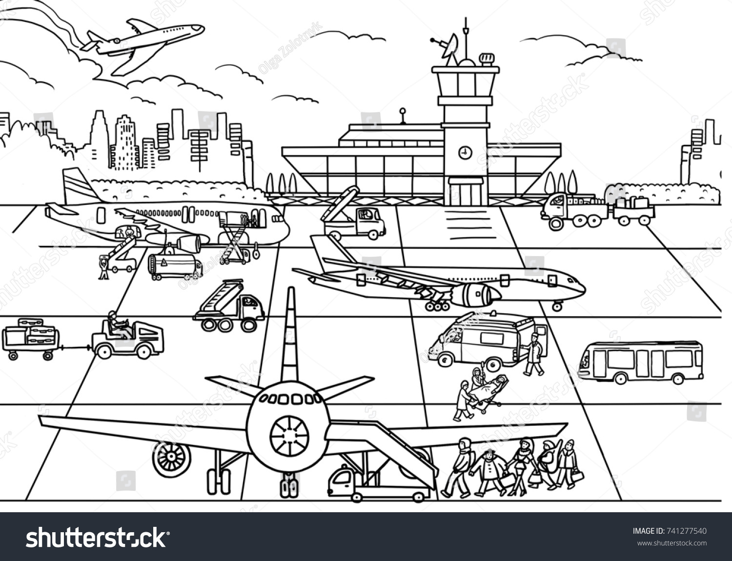 Coloring Airport Scene Plane On Runway Stock Illustration ...
