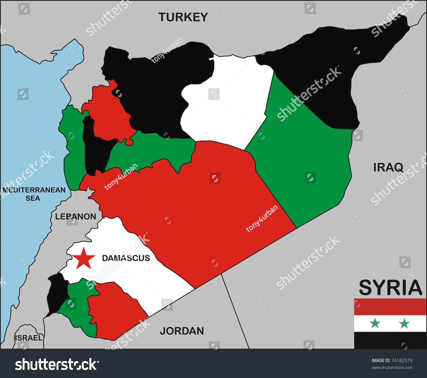 Political Map Syria Country Neighbors National: стоковая иллюстрация, 74182...