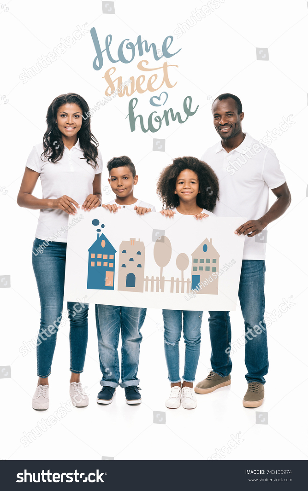 Happy African American Family Holding Banner Stock Photo 743135974 ...