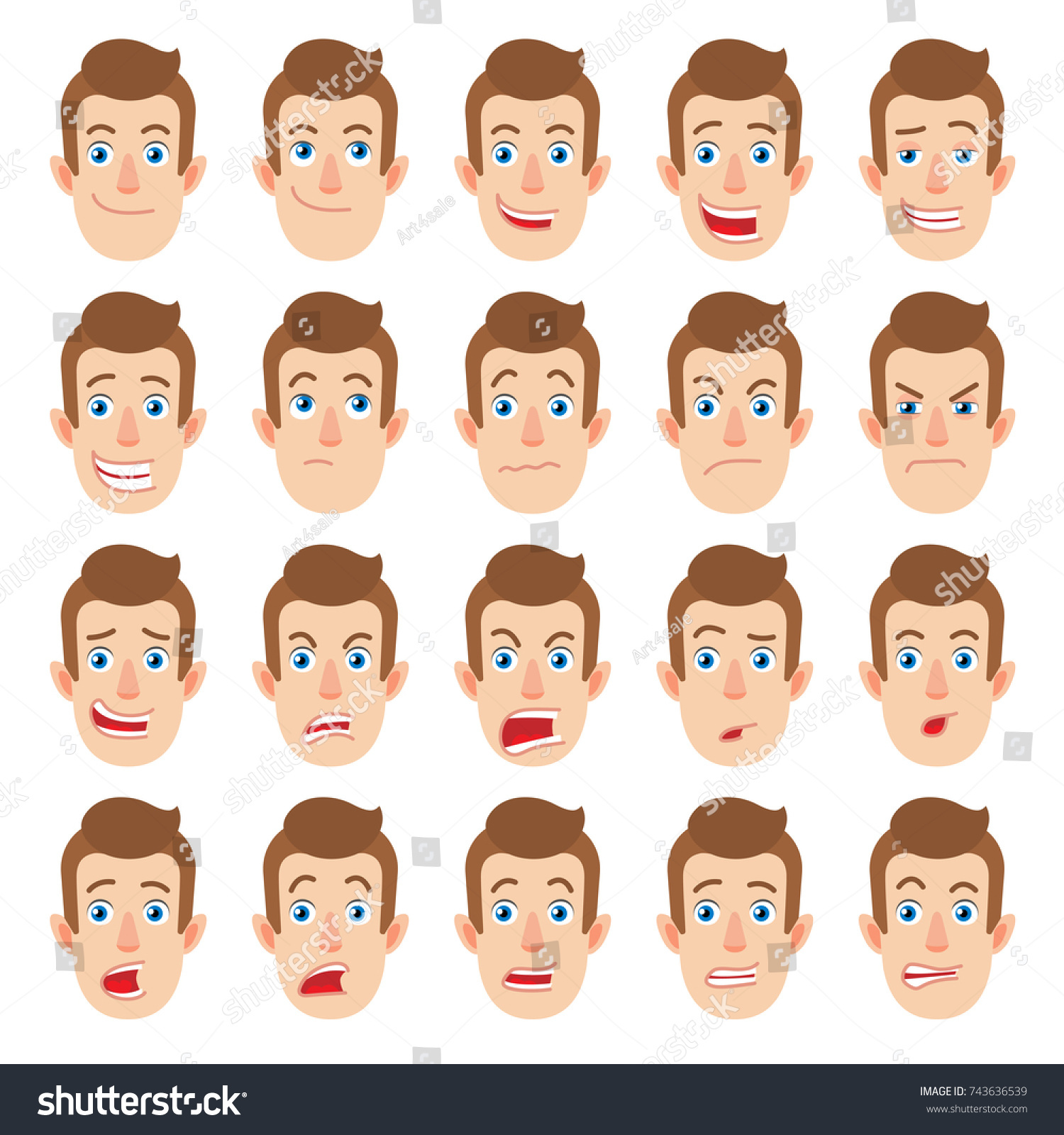 Cartoon Man Different Facial Expressions Emotional Stock Illustration ...