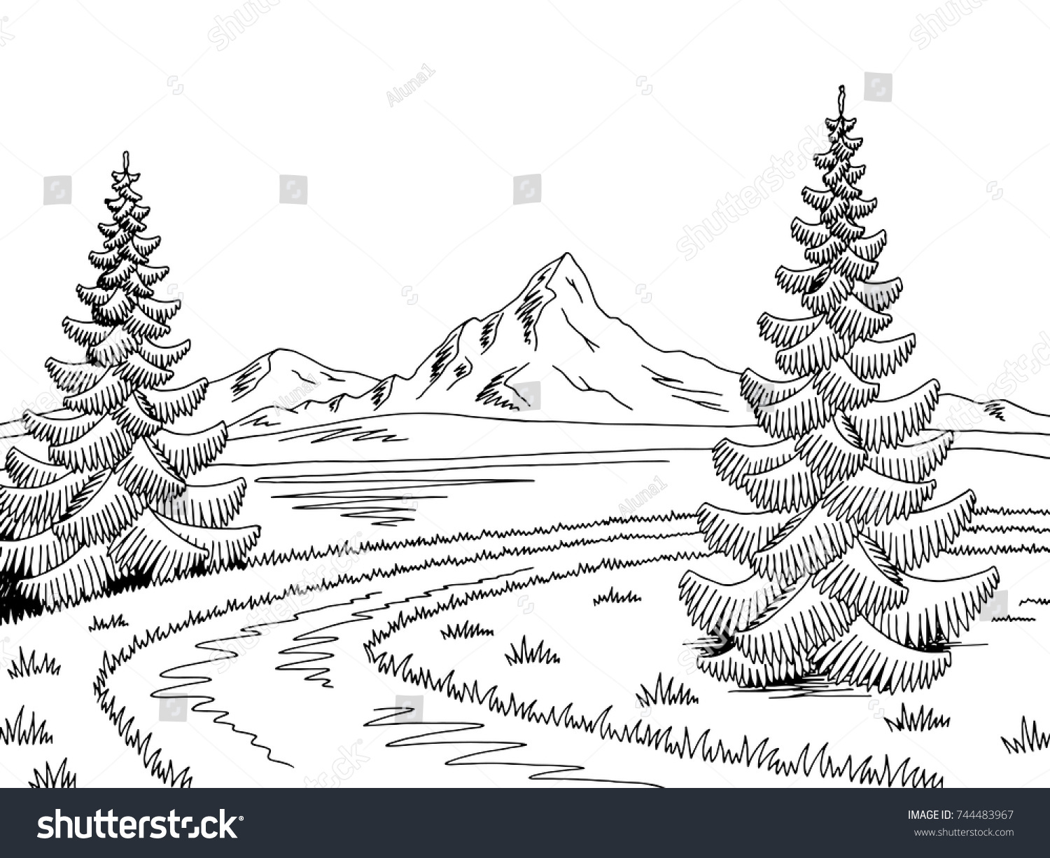 Mountain River Road Graphic Black White Stock Vector (Royalty Free ...