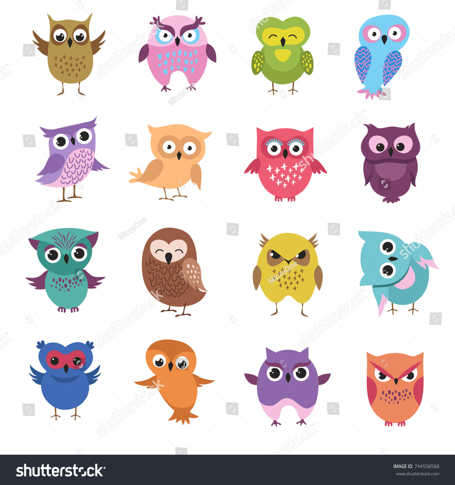 Cute Cartoon Owl Characters Vector Set Stock Vector (Royalty Free ...