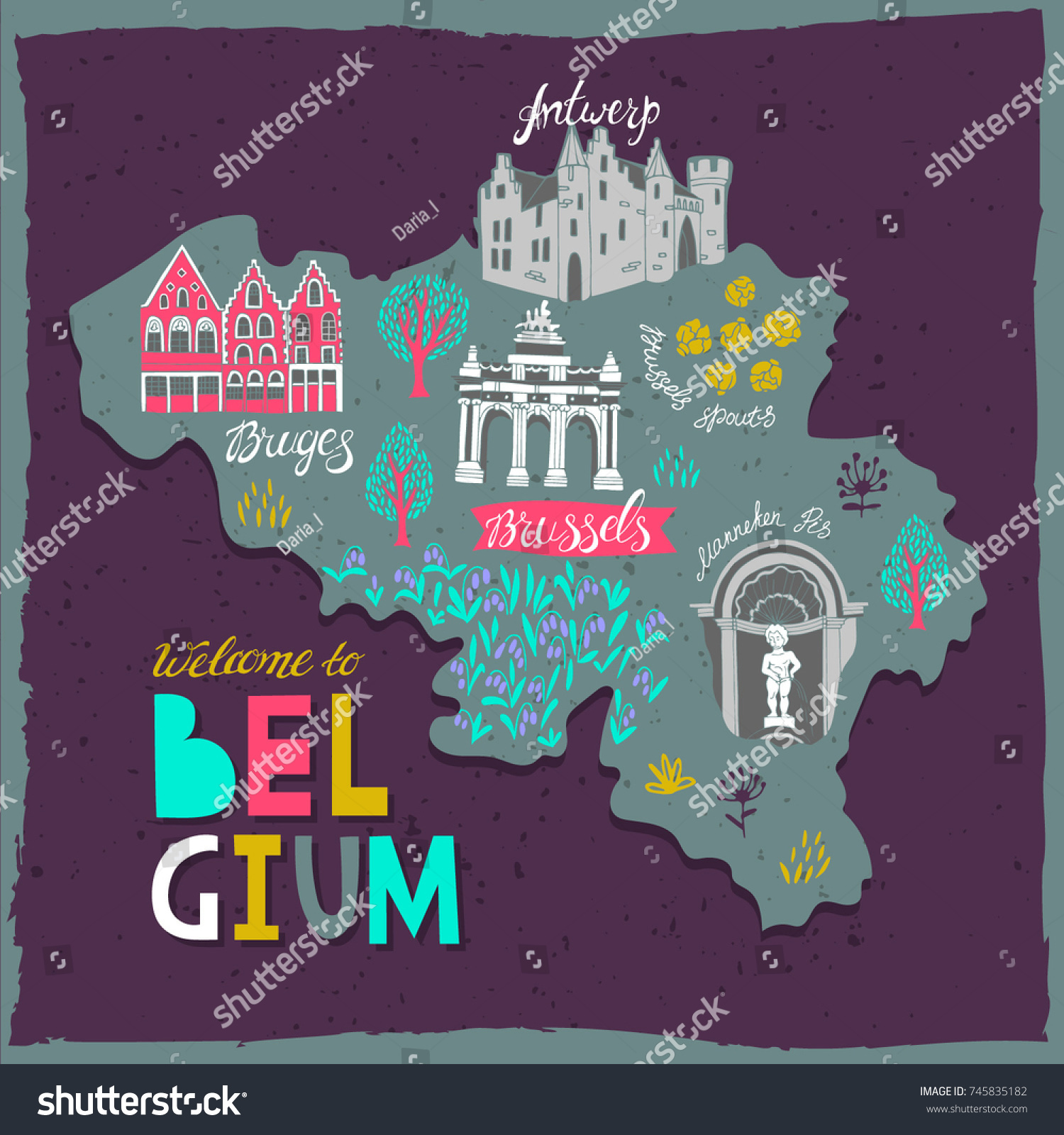 Vektor Stok Illustrated Map Belgium Attractions National Symbols Tanpa