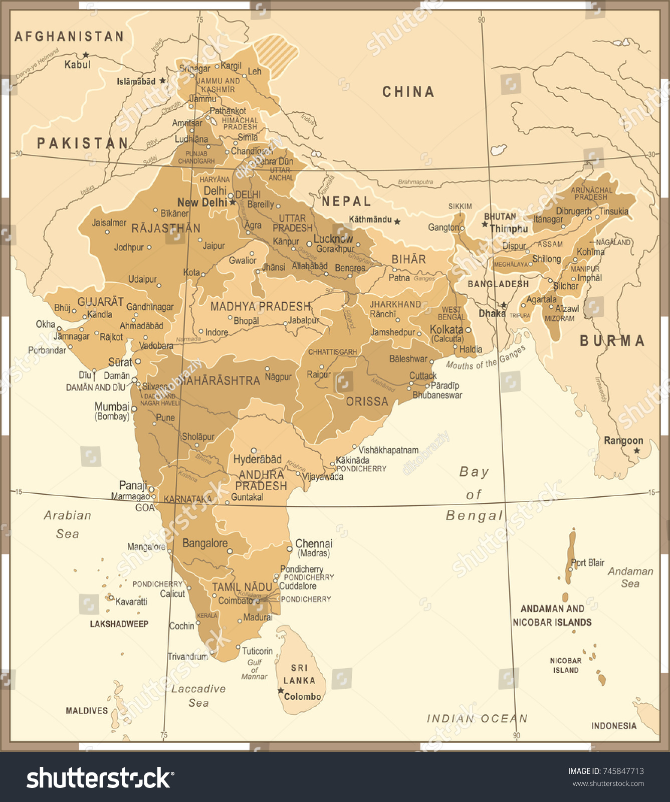 India Map Vintage Detailed Vector Illustration Stock Vector (Royalty ...