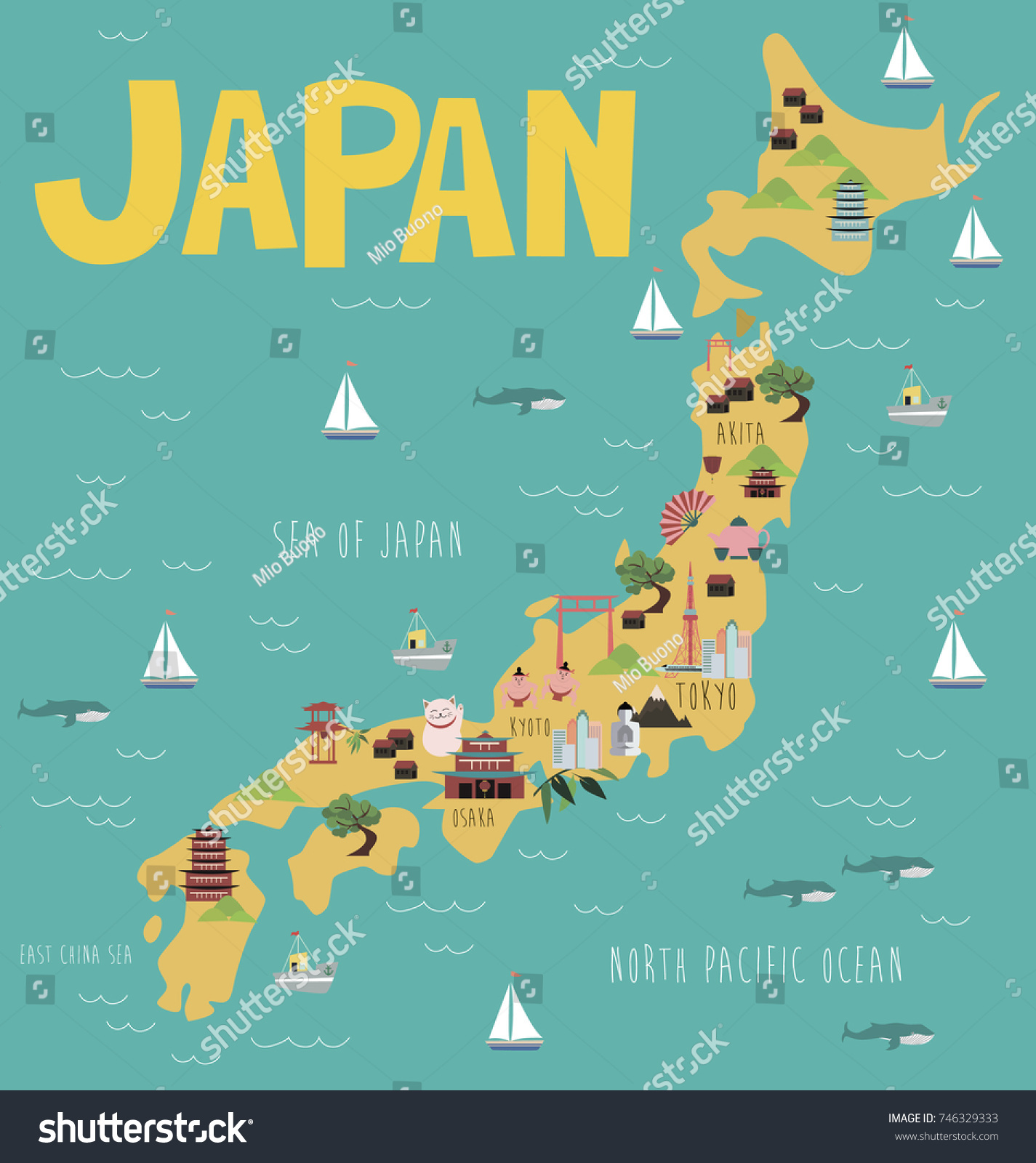 Illustration Map Japan Landmarks Vector Illustration Stock Vector ...