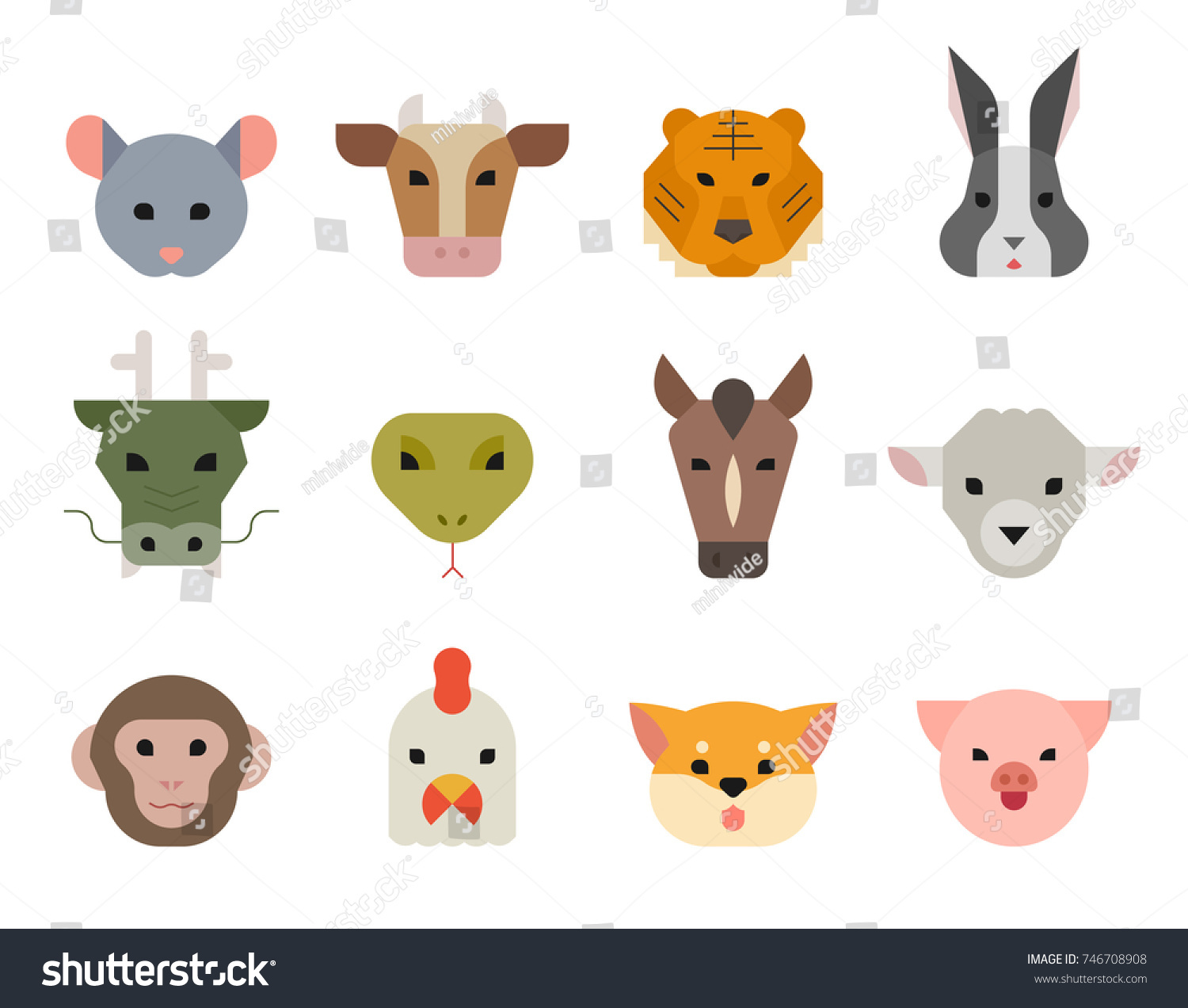 Chinese Traditional 12 Zodiac Animals Faces Stock Vector (Royalty Free ...