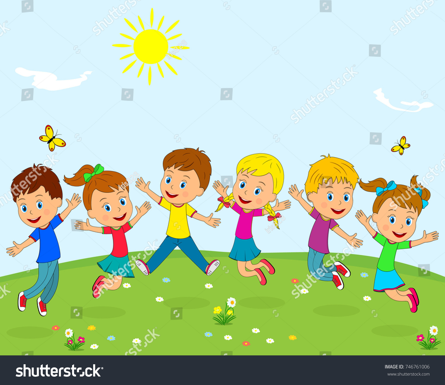 Kidsboys Girls Jumping On Summer Background Stock Vector (Royalty Free ...