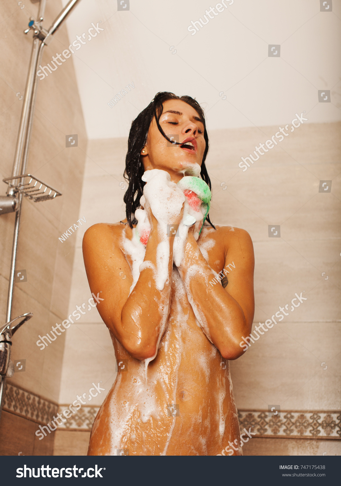 Sexy Naked Woman Shower Bathes Shower