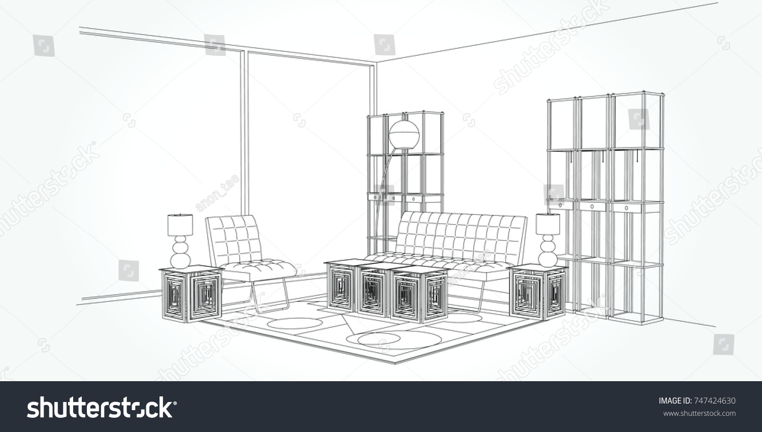 Linear Sketch Interior Living Room Plan Stock Vector (Royalty Free ...