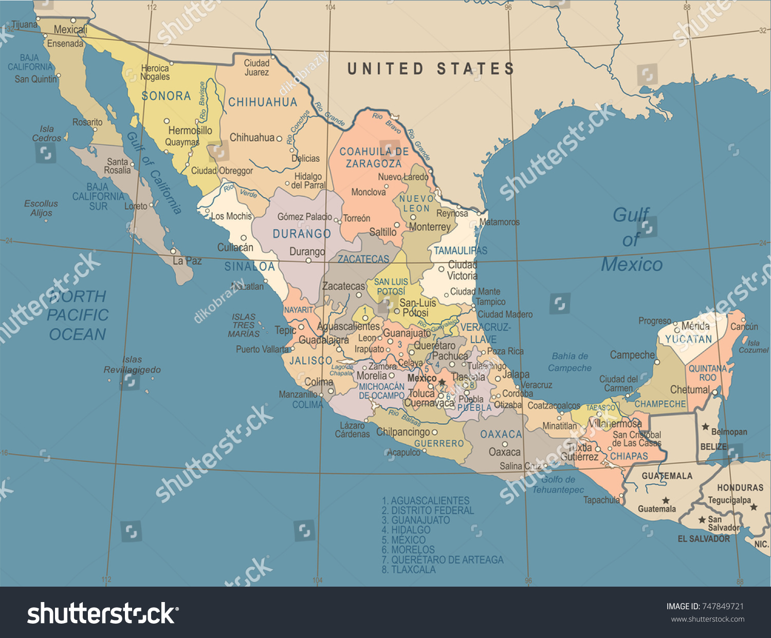 Mexico Map Vintage Detailed Vector Illustration Stock Vector (Royalty ...