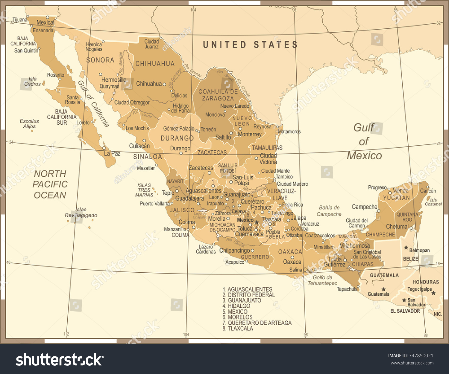 Mexico Map Vintage Detailed Vector Illustration Stock Vector (Royalty ...