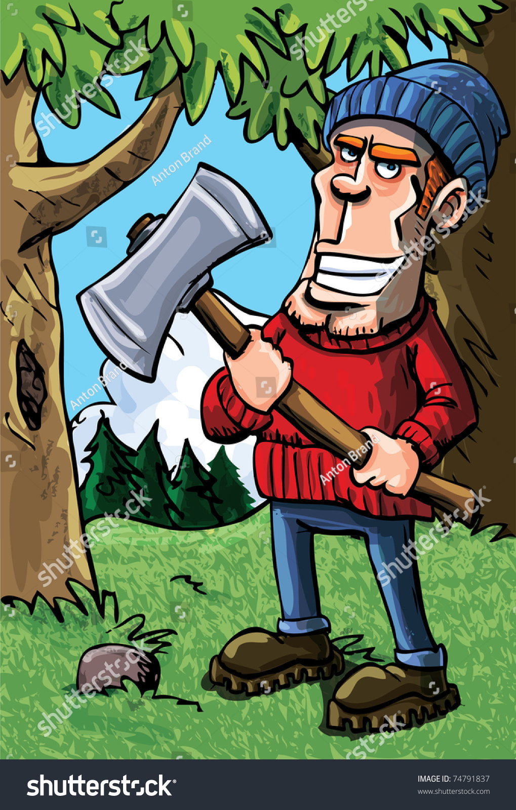 Cartoon Lumberjack Holding Axe Forest Background Stock Vector Royalty Free 74791837 Shutterstock 