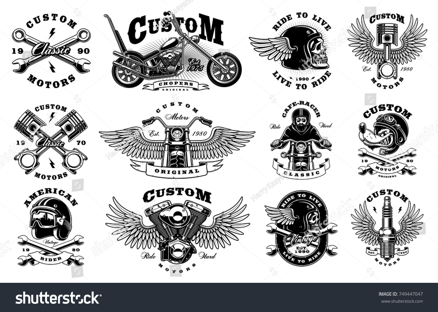 Set Vintage Custom Motorcycle Designs Logos Stock Illustration ...