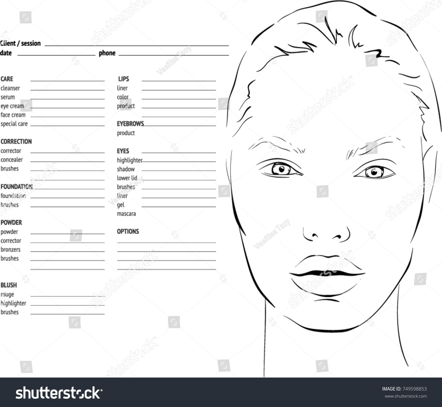 Face Chart Makeup Artist Blank Template Stock Vector Royalty Free 749598853 Shutterstock