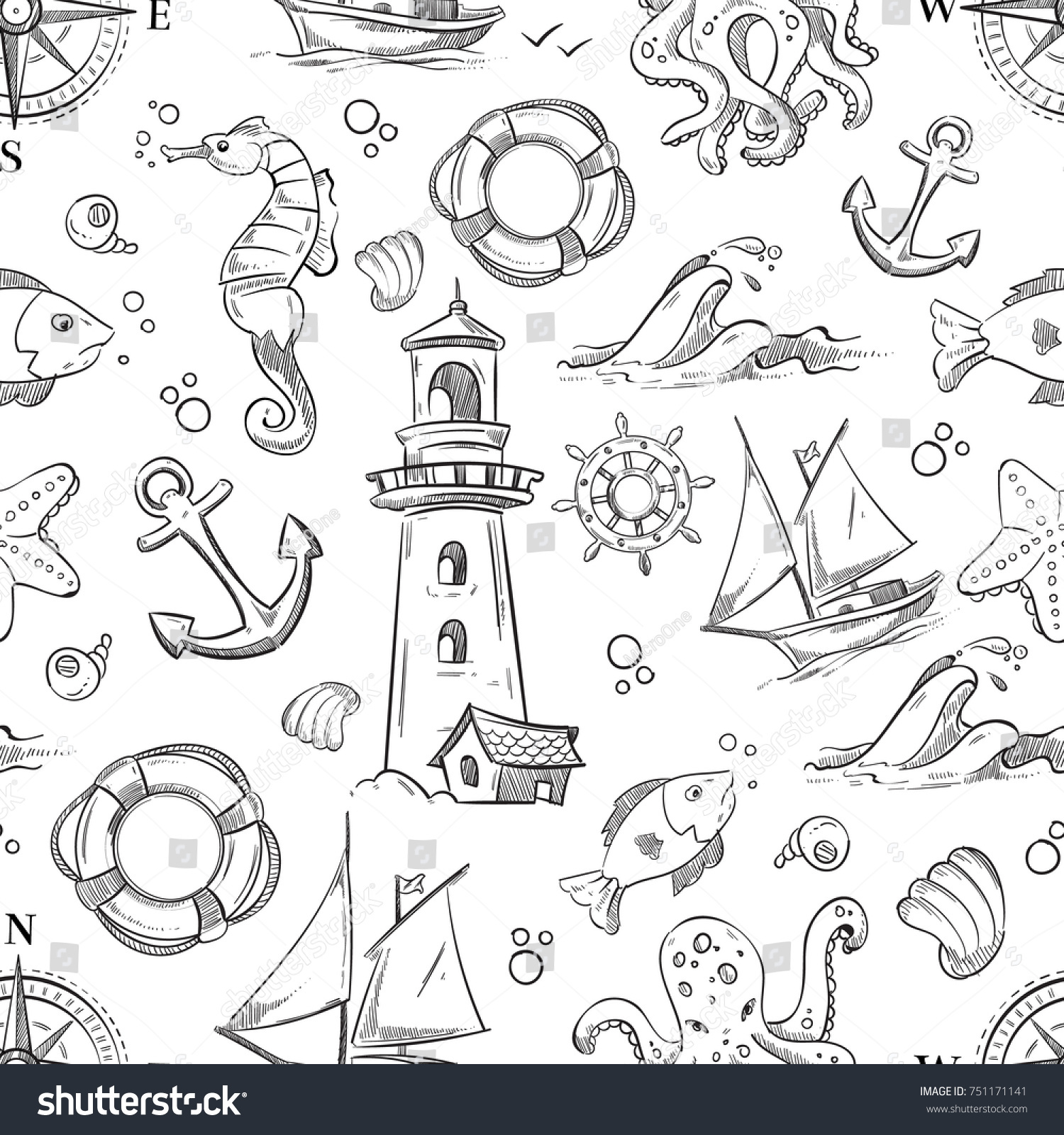 Nautical Doodle Seamless Pattern Sea Animals Stock Illustration ...