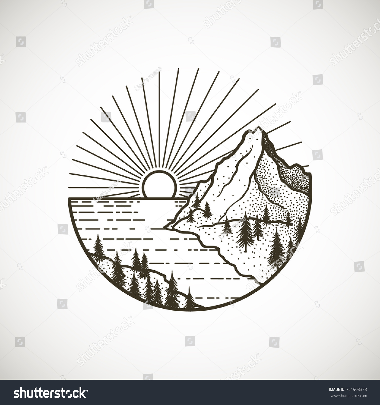 Пейзаж горы и солнце тату эскиз